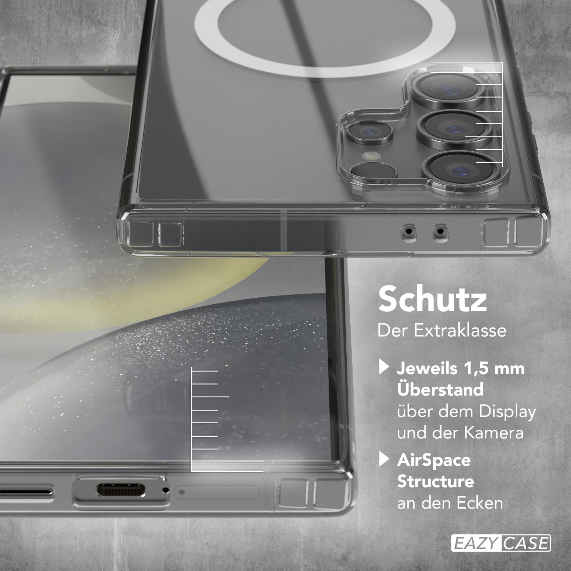 Transparente Handyhülle mit Telefon, Text über Schutz. Hülle bedeckt Kamera.
