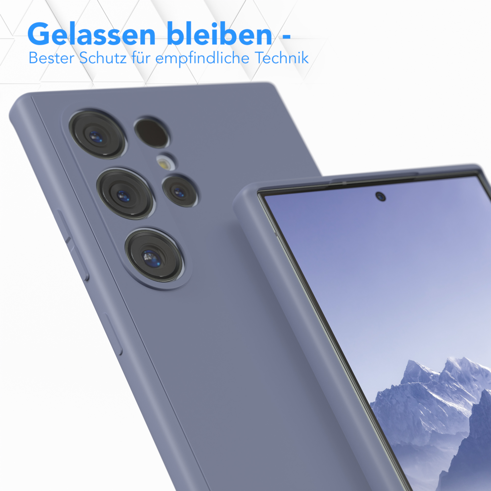 Blaue Handyhülle auf einem Telefon. Text sagt 'Gelassen bleiben' und 'Bester Schutz'.