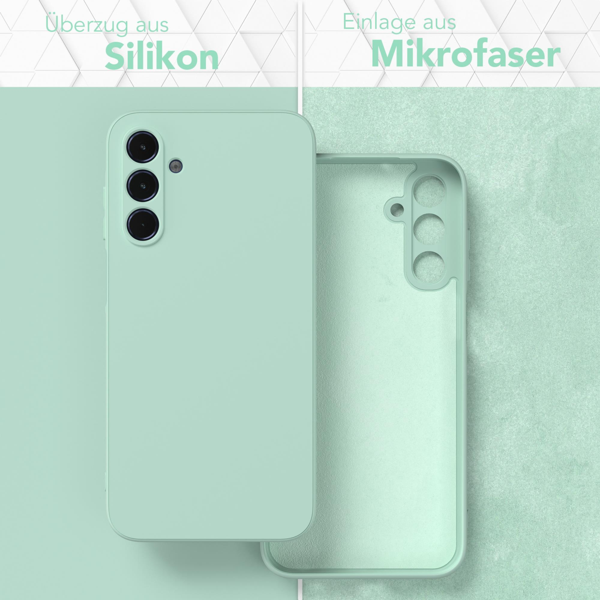 Zweiteiliges Bild: eine mintfarbene Handyhülle und ihr Inneres, mit einem Mikrofaser-Innenraum.
