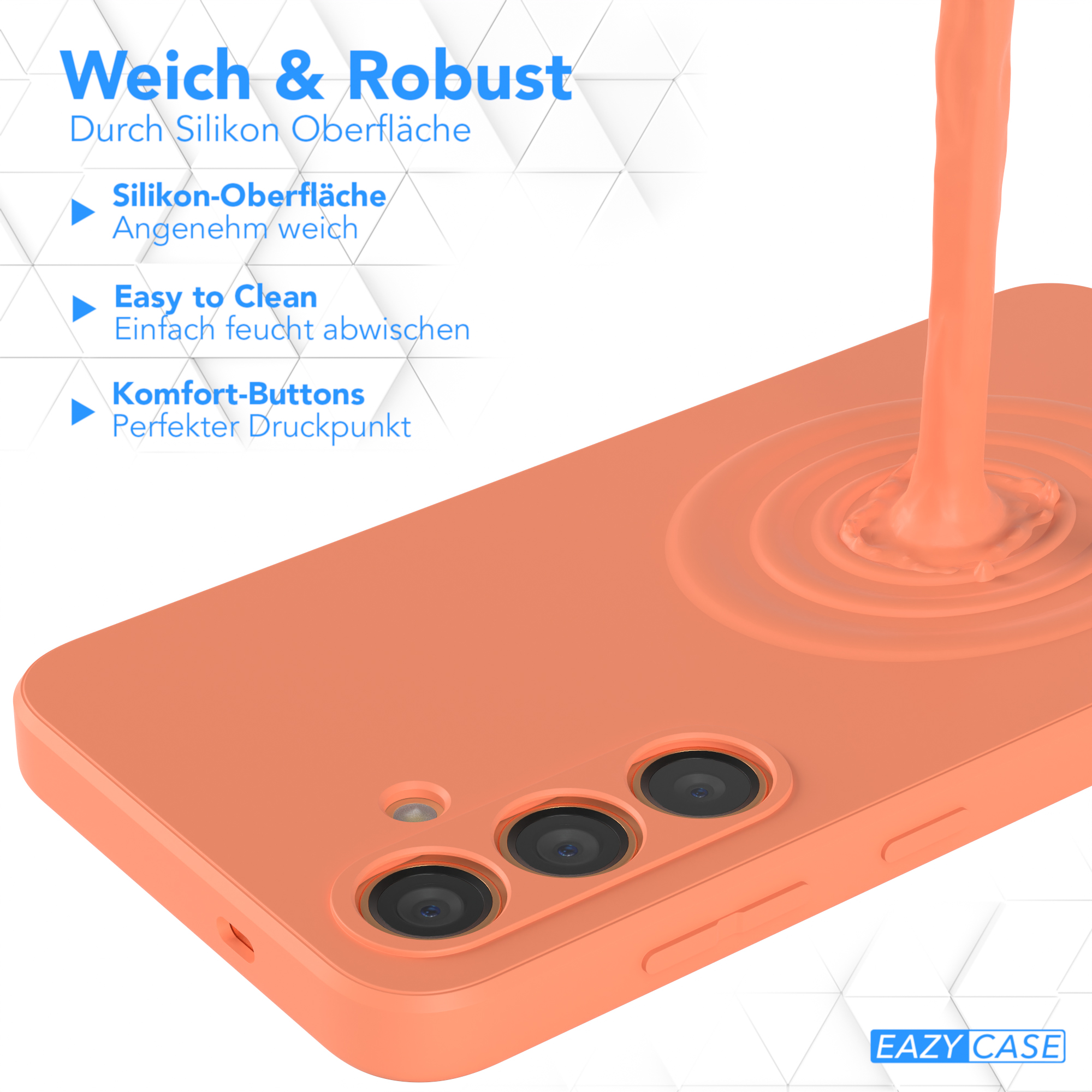 Orangefarbene Handyhülle mit Flüssigkeit, die darauf gegossen wird. Text: Weich & Robust.