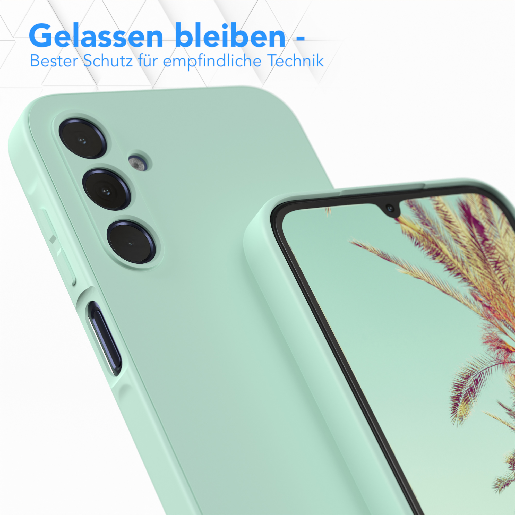 Nahaufnahme einer hellgrünen Handyhülle und eines Telefons. Der Telefonbildschirm zeigt ein Palmenbild.