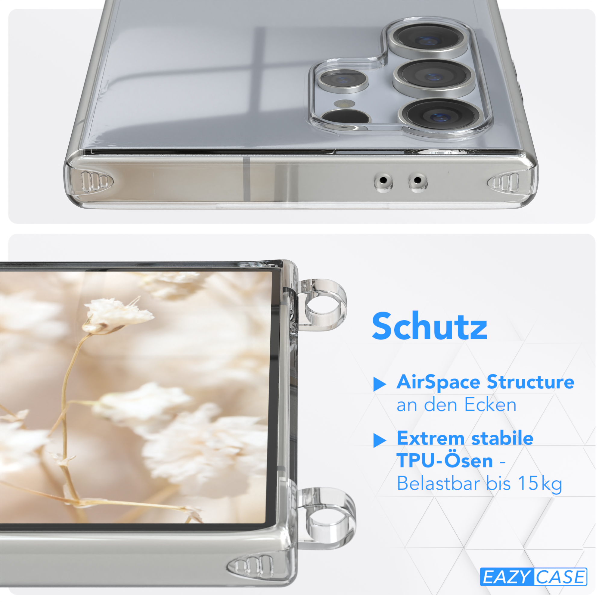 Transparente Handyhülle auf weißem Hintergrund, zeigt Ober- und Seite. Mit Kameralinsen und transparentem Design.