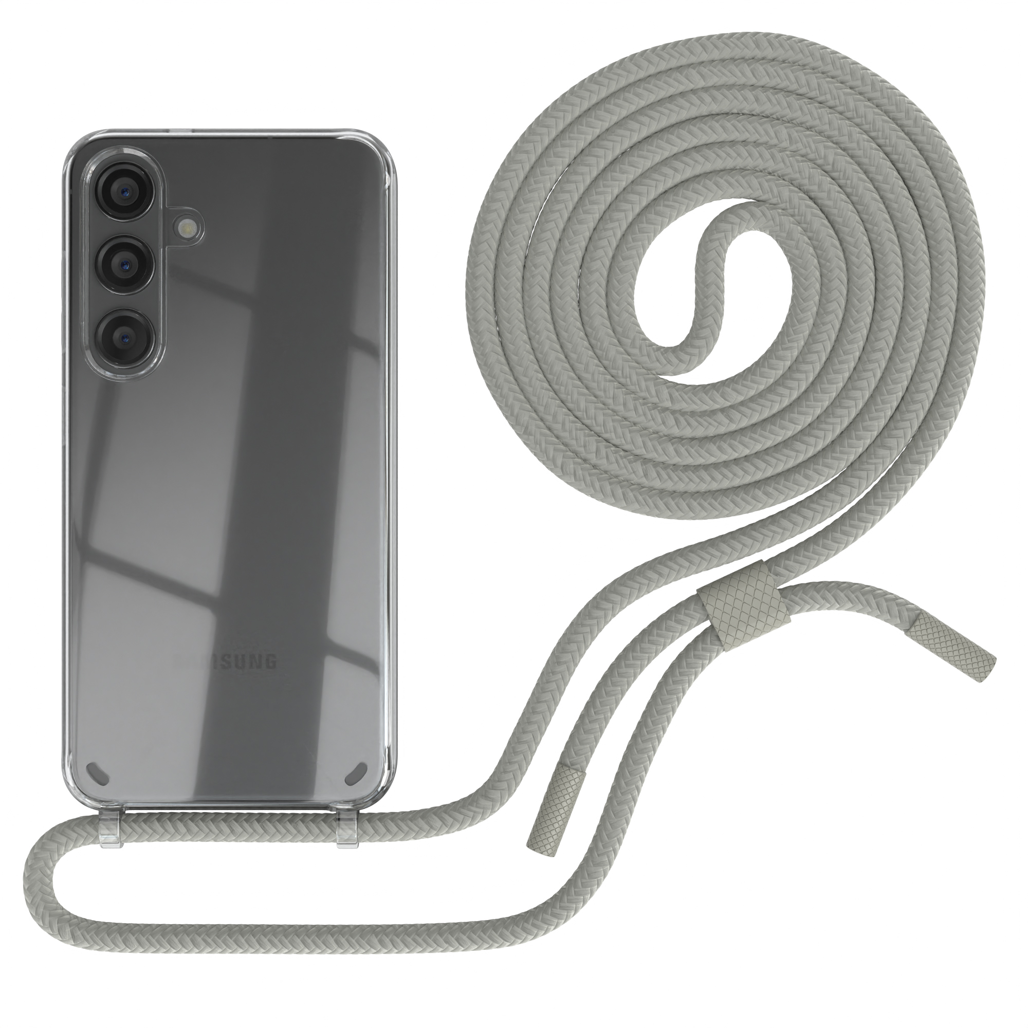 Telefon in grauer Hülle, mit grauem Kordel. Hülle ist transparent.