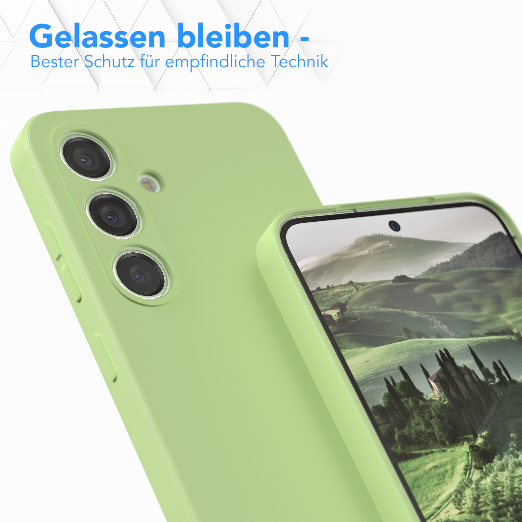 Grüne Handyhülle neben einem Telefon, mit Text: Gelassen bleiben - Bester Schutz für empfindliche Technik.
