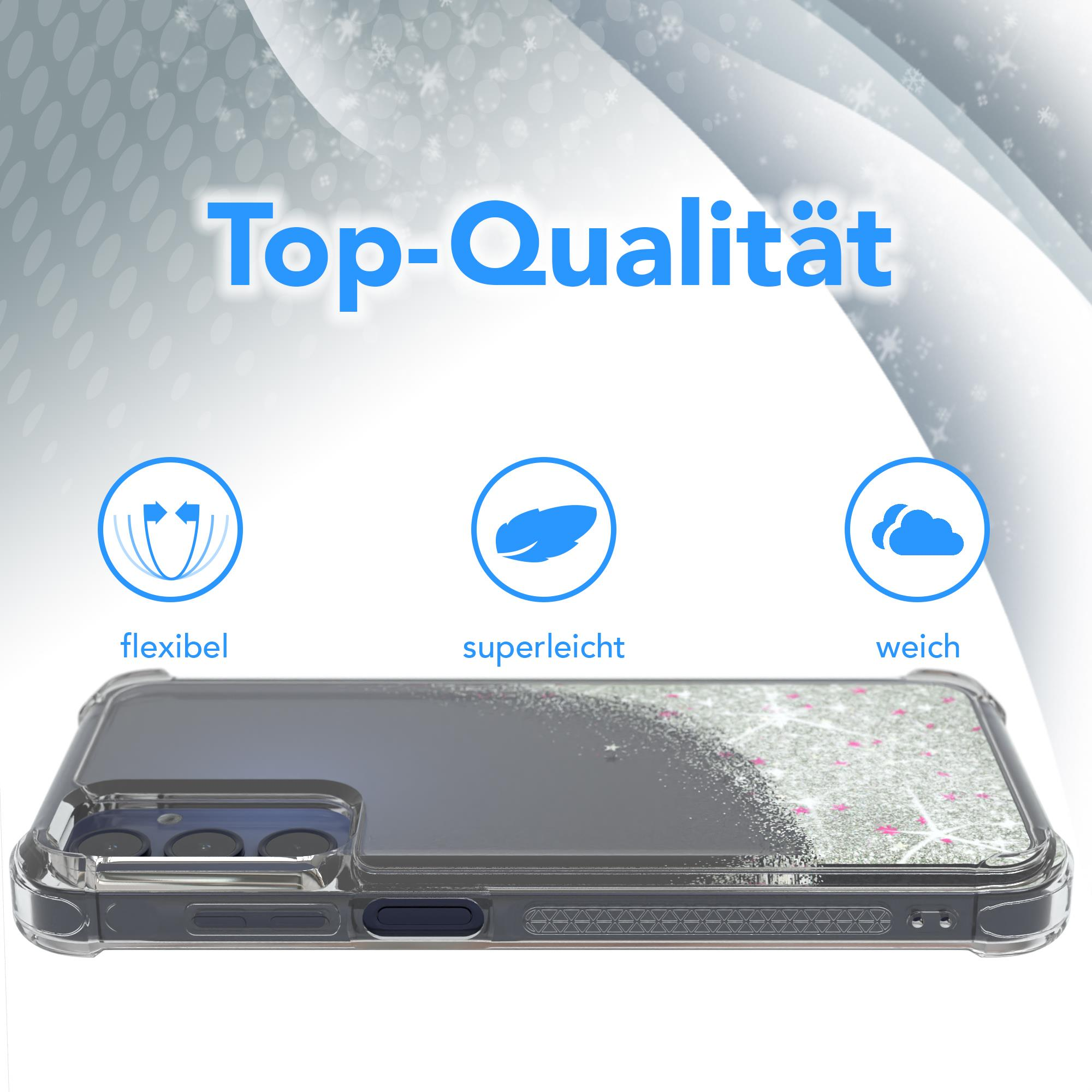 Transparente Handyhülle mit Glitzerdesign, mit Textetiketten, Produktaufnahme.
