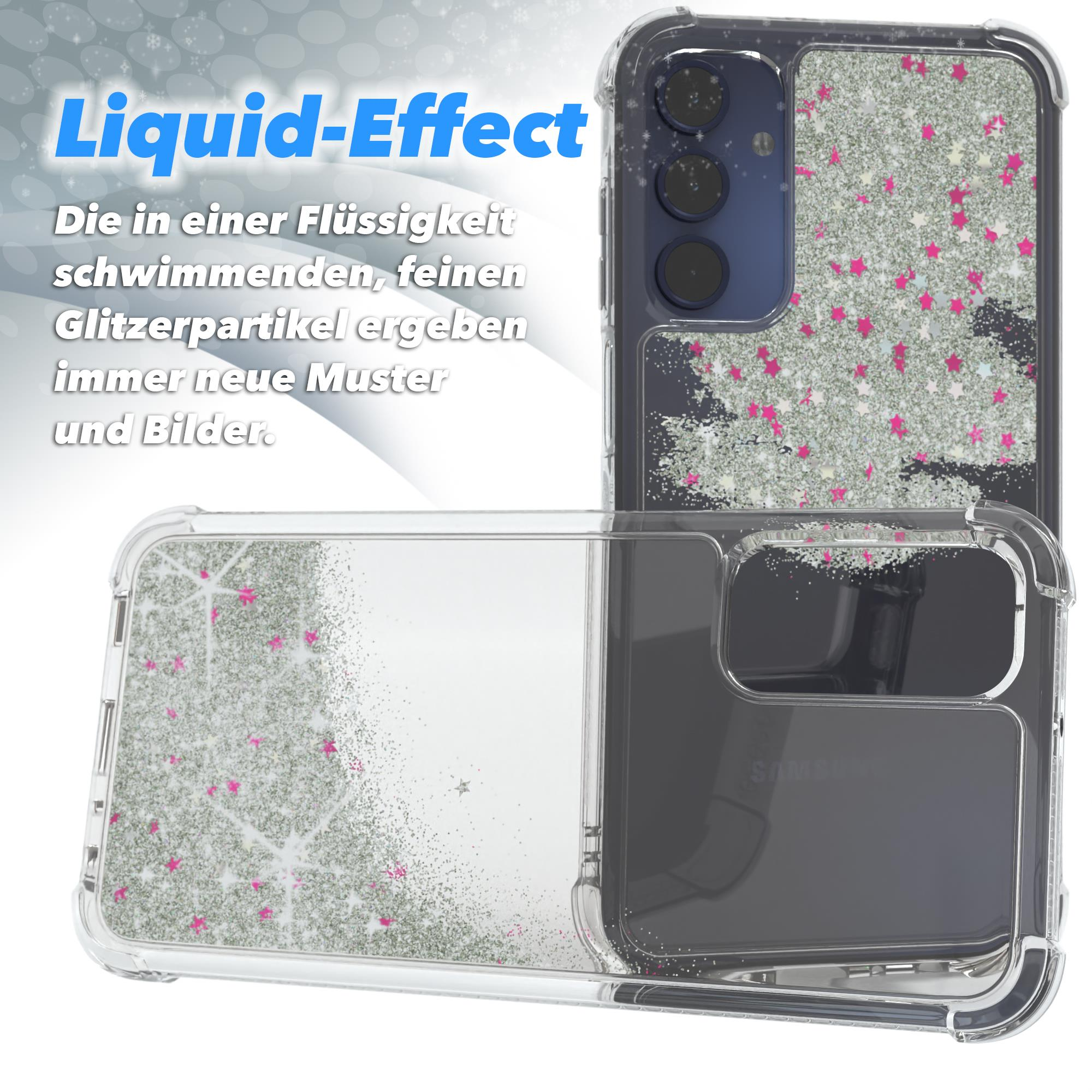 Transparente Handyhülle mit Glitzer. Text: Liquid-Effekt. Rosa und silberner Glitzer in Flüssigkeit. Neue Muster.
