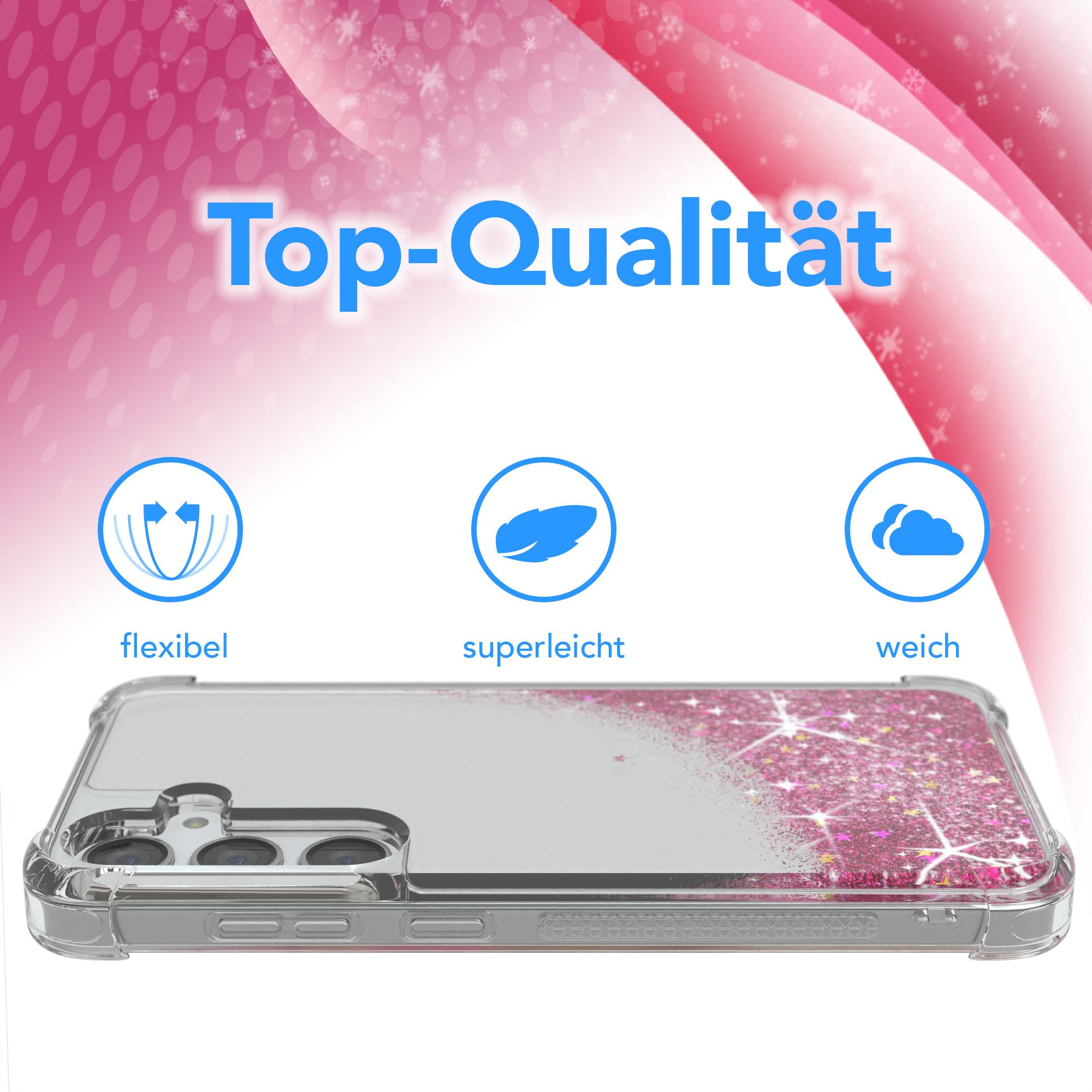 Transparente Handyhülle mit Glitzer. Text sagt 'Top-Qualität', 'flexibel', 'superleicht' und 'weich'.