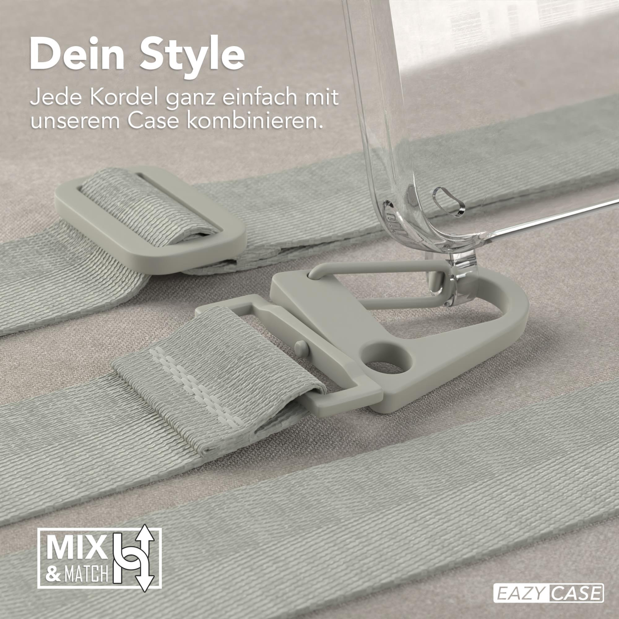 Graue Träger und ein Schnallensystem für eine Handyhülle mit Text.