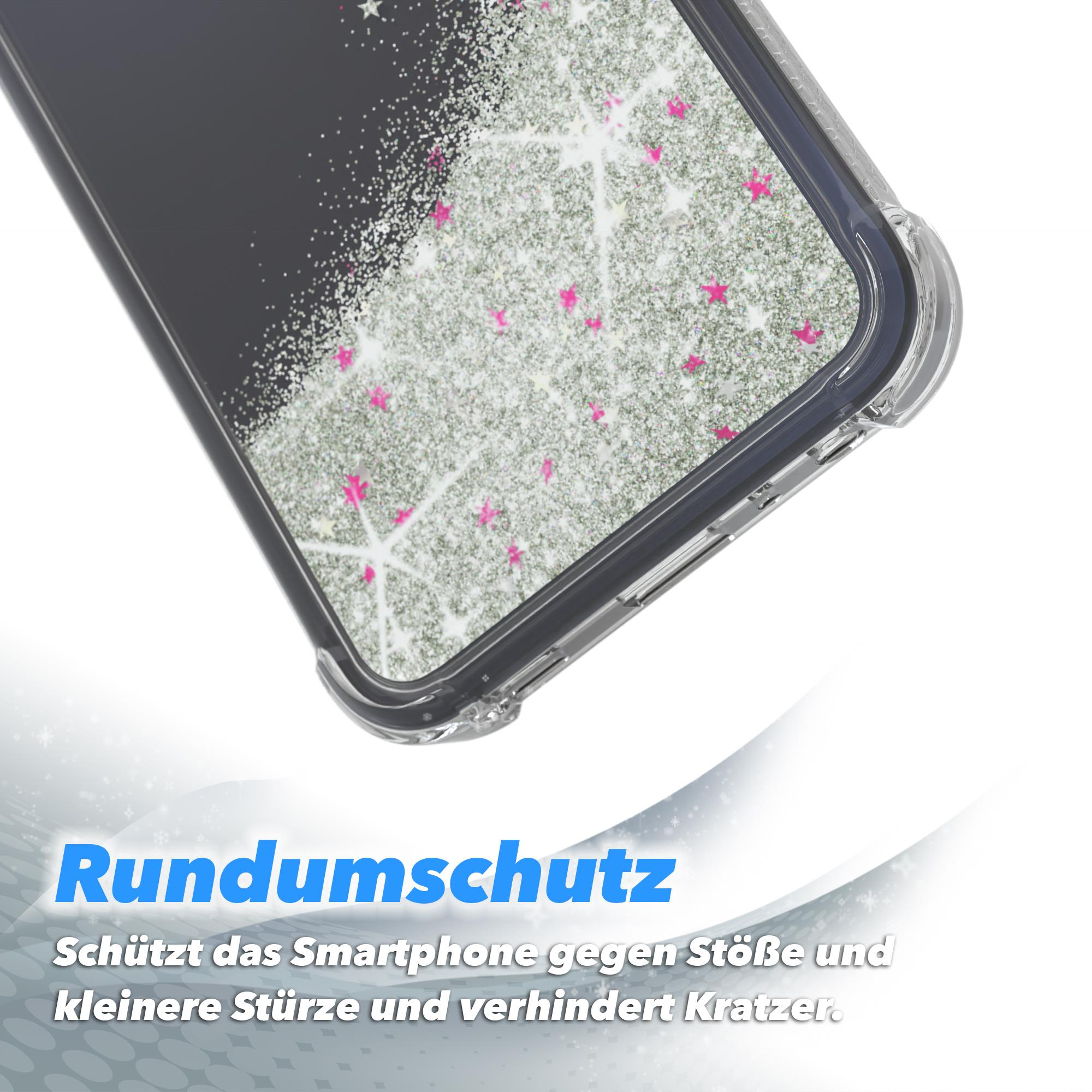 Transparente Handyhülle mit Glitzer und rosa Sternen. Text: Rundumschutz.