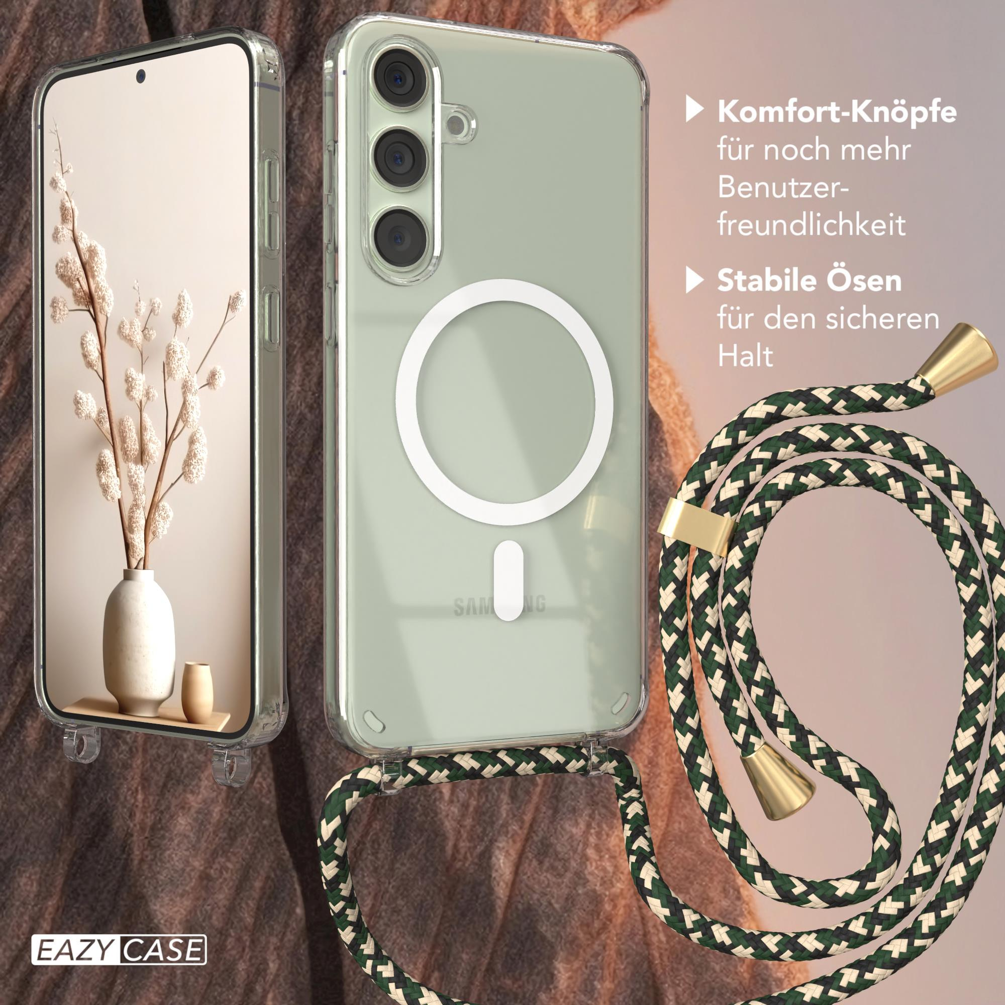 Handyhülle mit Lanyard, Vase und Pflanze im Hintergrund.