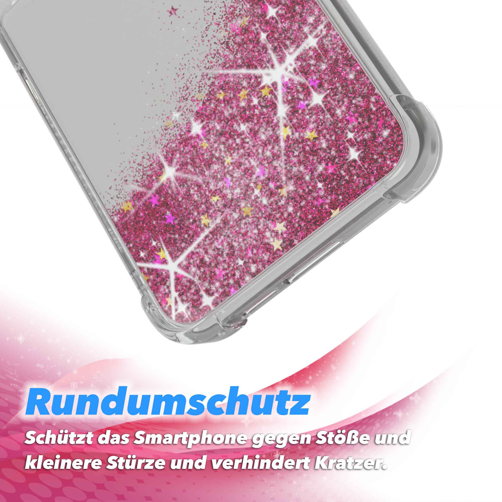 Eine transparente Handyhülle mit rosa Glitzer. Die Hülle schützt das Telefon.