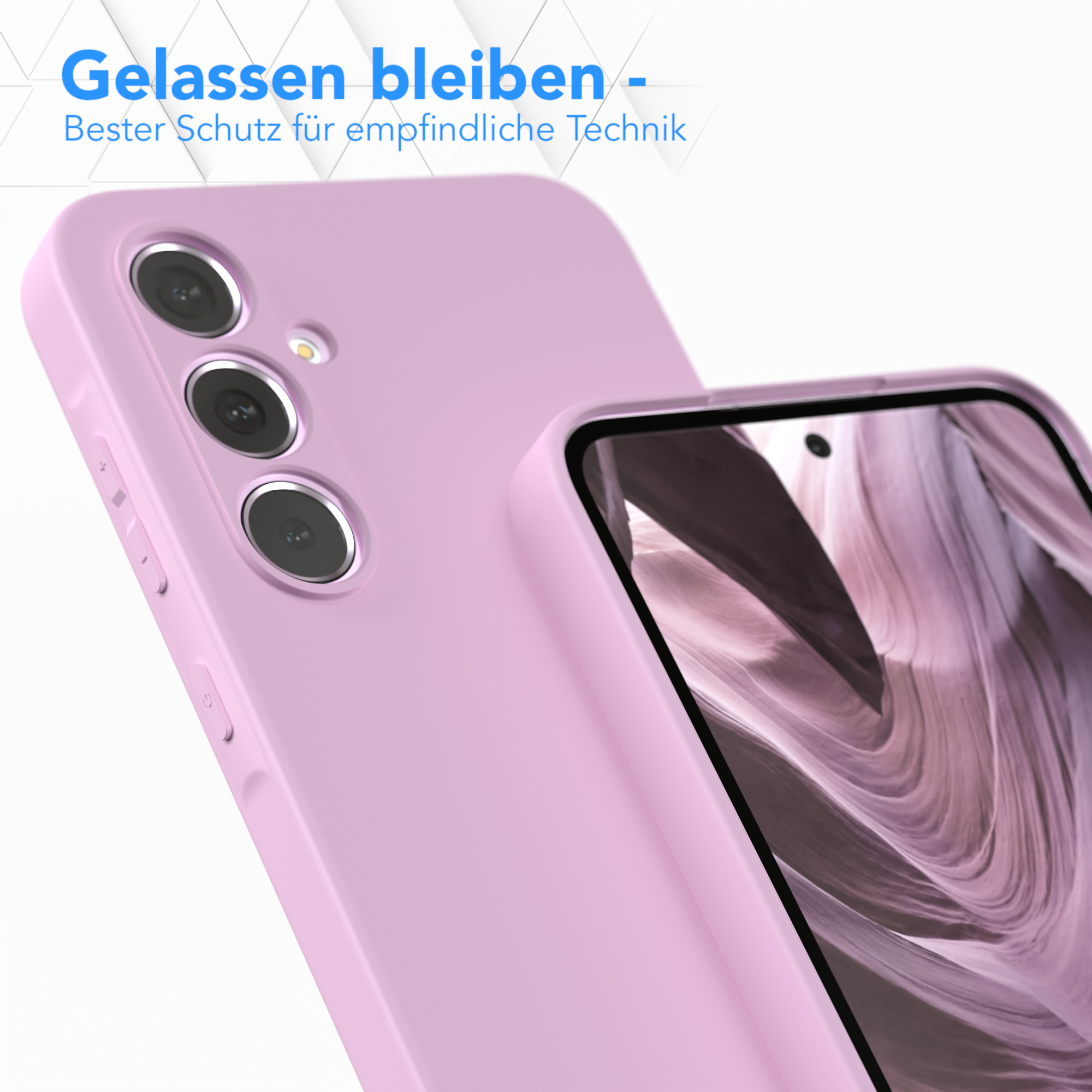 Nahaufnahme einer rosa Handyhülle. Text: Gelassen bleiben - Bester Schutz.