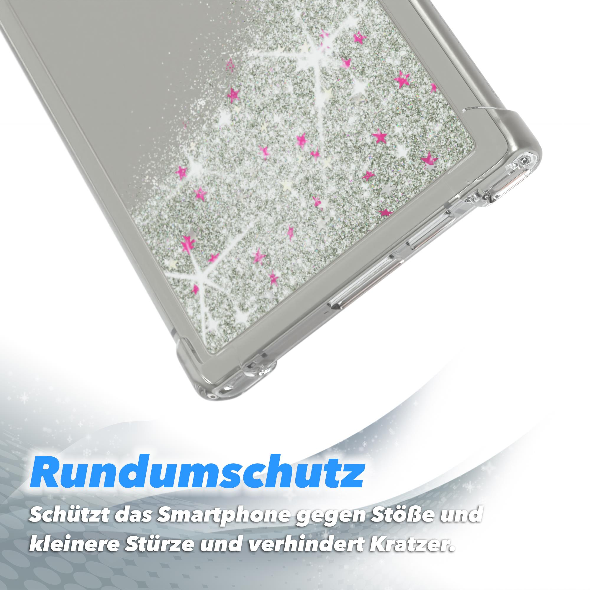 Eine transparente Handyhülle mit Glitzer und Sternen, die das Telefon schützt.