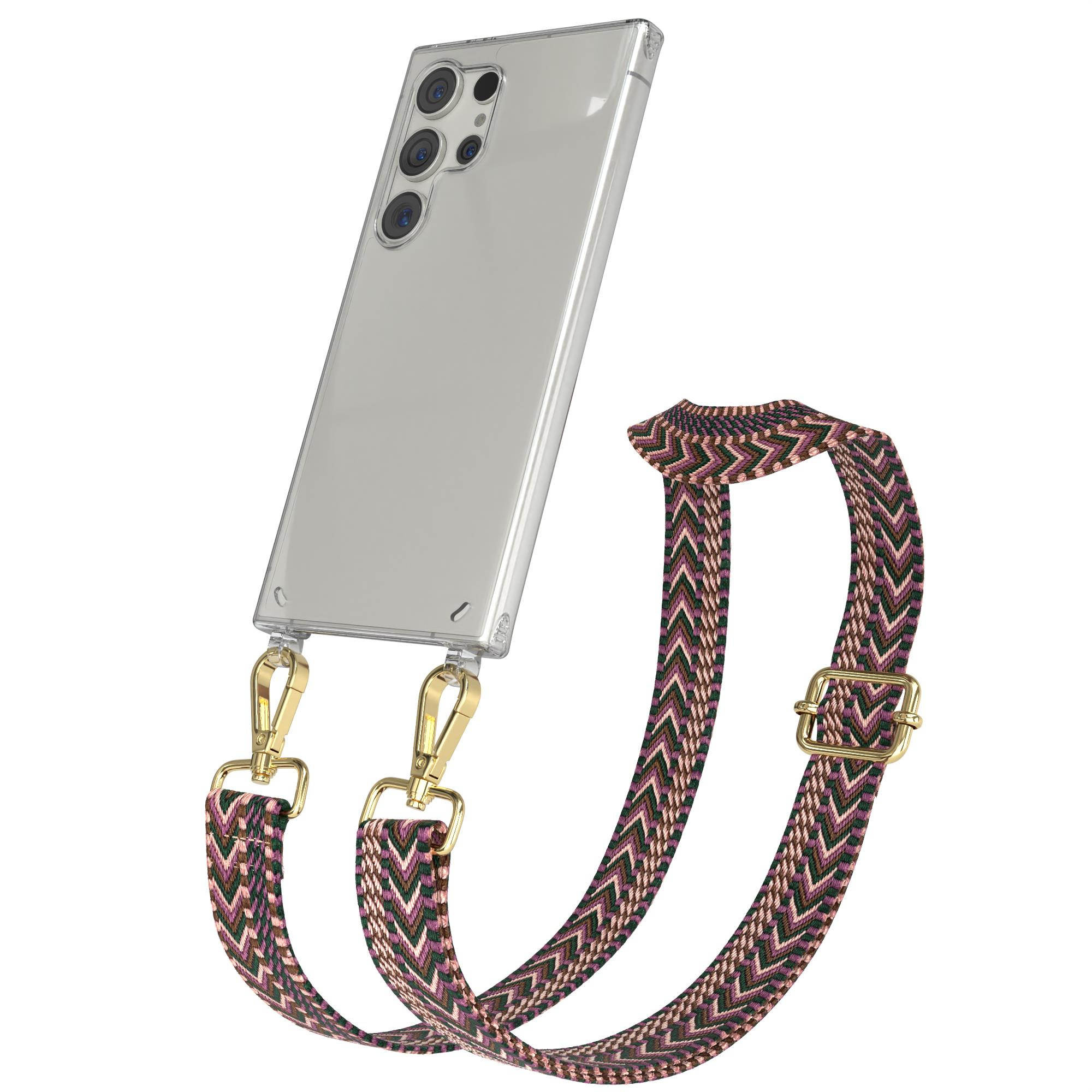 Klares Telefon mit gemustertem Riemen. Der Hintergrund ist weiß.