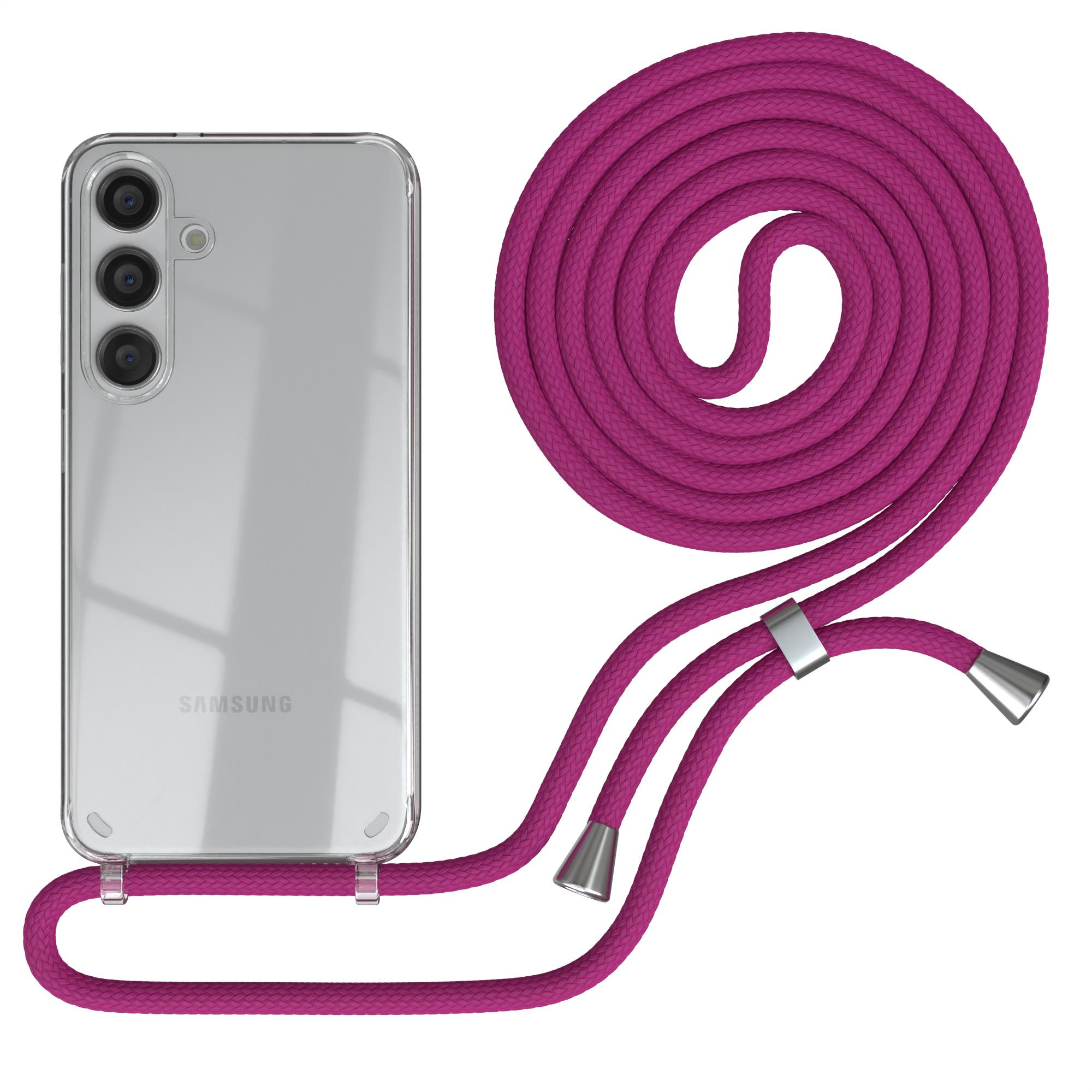 Transparente Handyhülle mit pinkfarbenem Kordelriemen. Weißer Hintergrund.