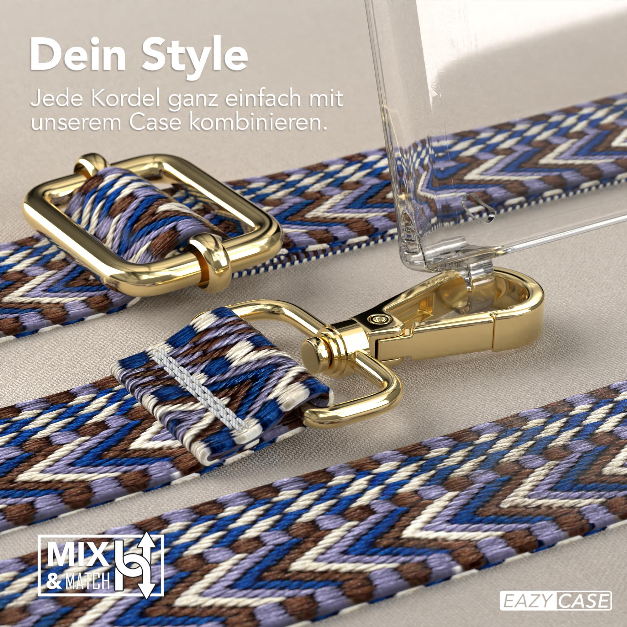 Nahaufnahme eines Handybandes mit blau-braunen Mustern. Goldene Verschlüsse halten Band und Hülle zusammen.
