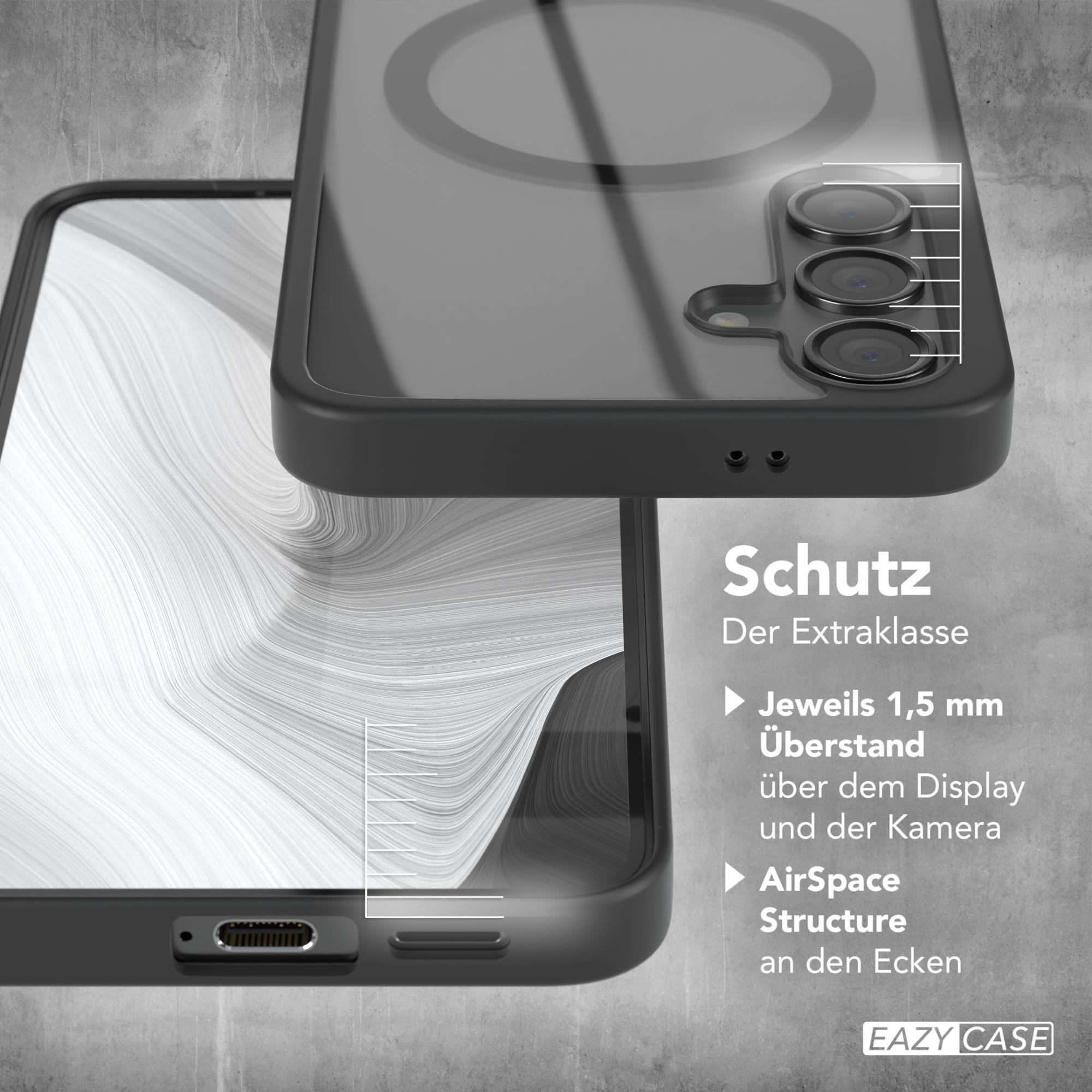 Handyhülle mit Kameraausschnitten, Text über Schutzfunktionen, auf grauer Oberfläche.