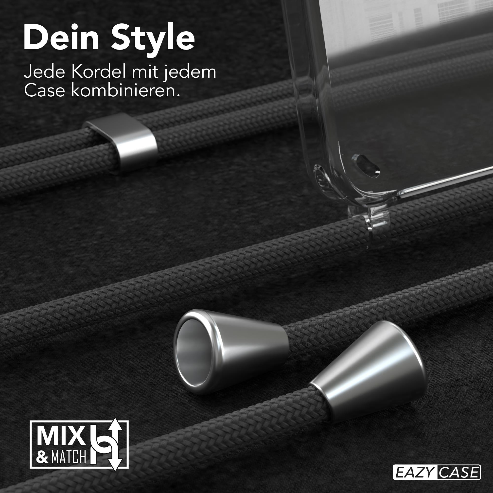 Nahaufnahme von schwarzem geflochtenem Kabel mit silbernen Akzenten und transparenter Handyhülle.