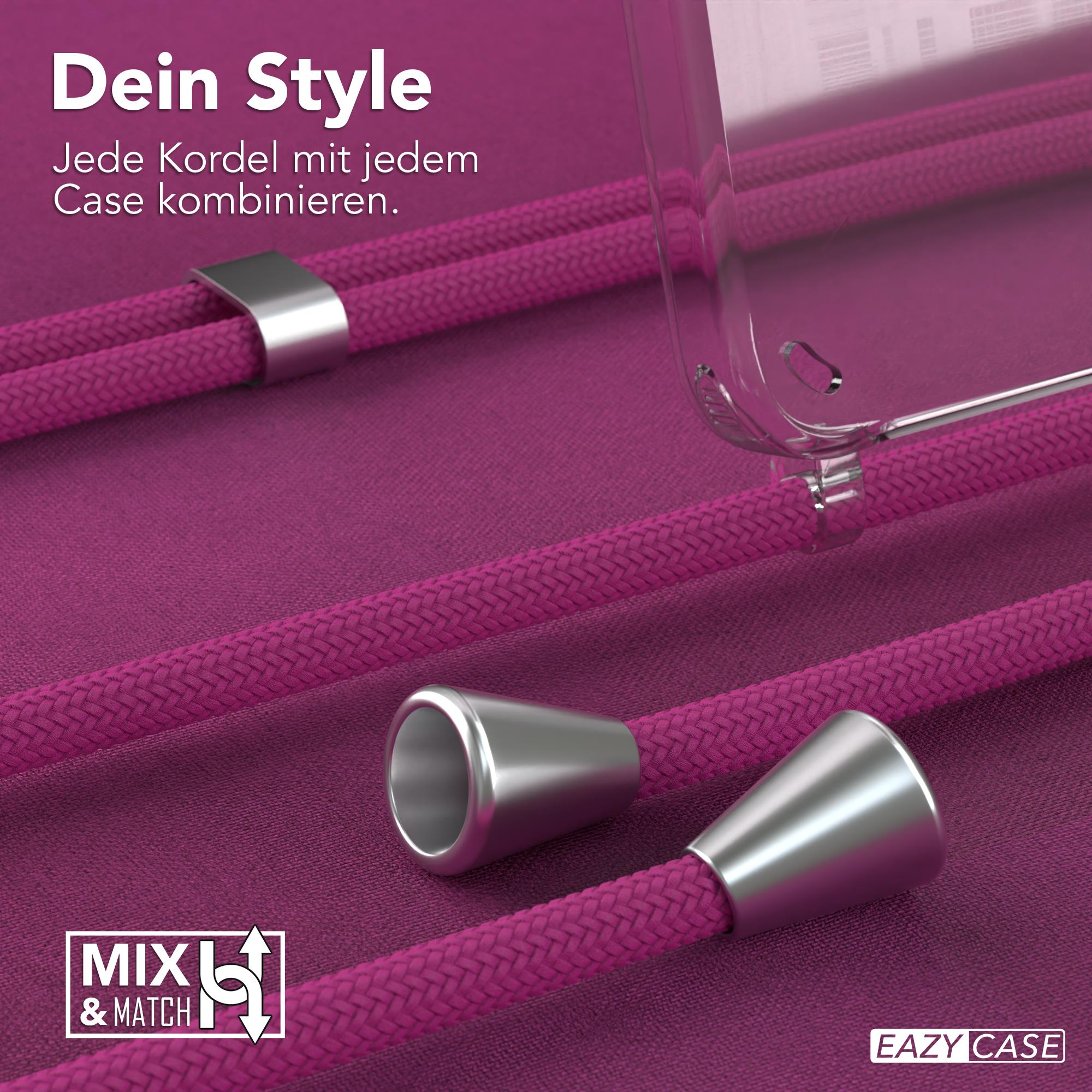 Nahaufnahme einer Handyhülle und ihrer Komponenten. Die Hülle ist rosa, die Komponenten sind silber.