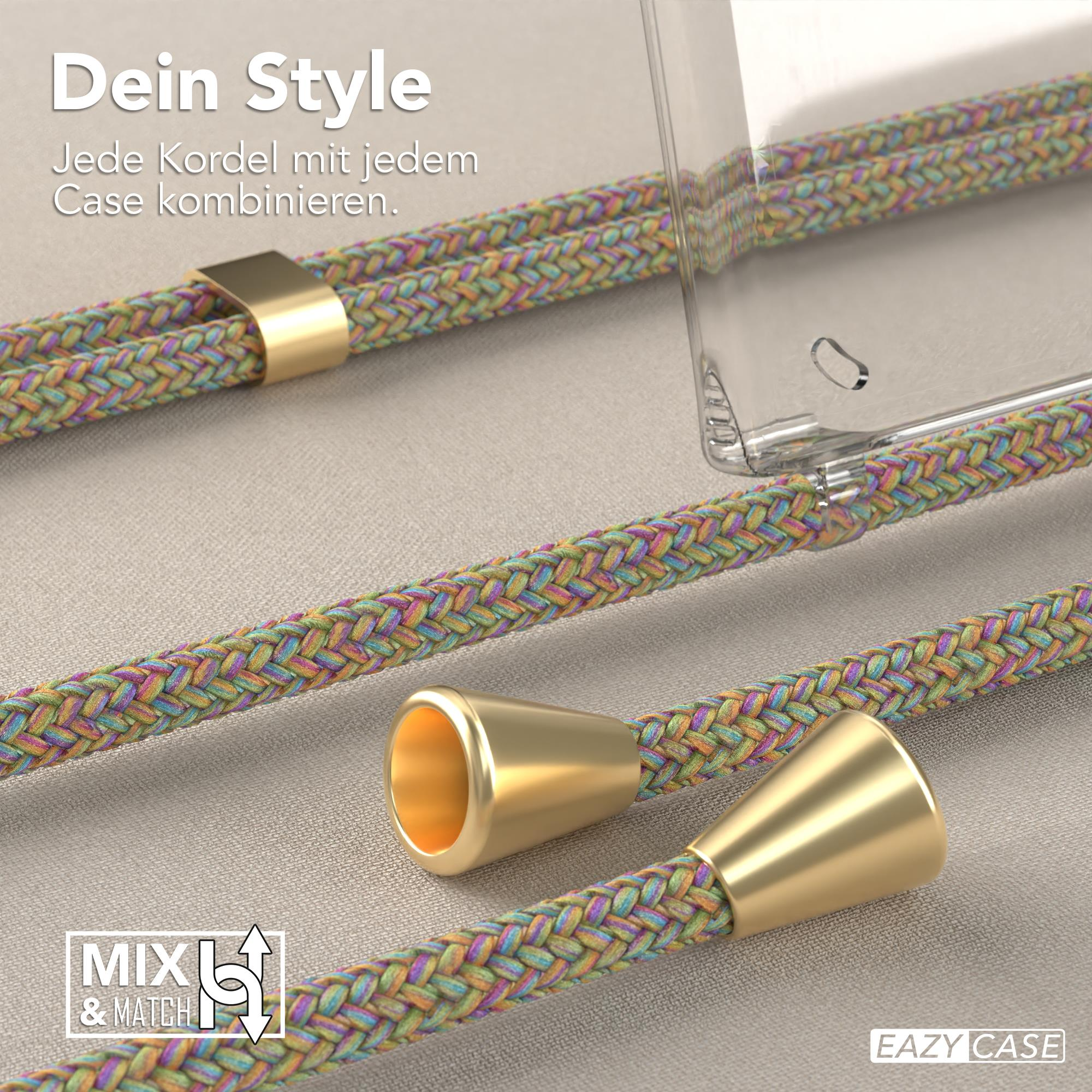 Nahaufnahme von Handyhüllen-Kabeln und -Anschlüssen. Text: Mix & Match. Mehrfarbige geflochtene Kabel und goldene Verbinder.