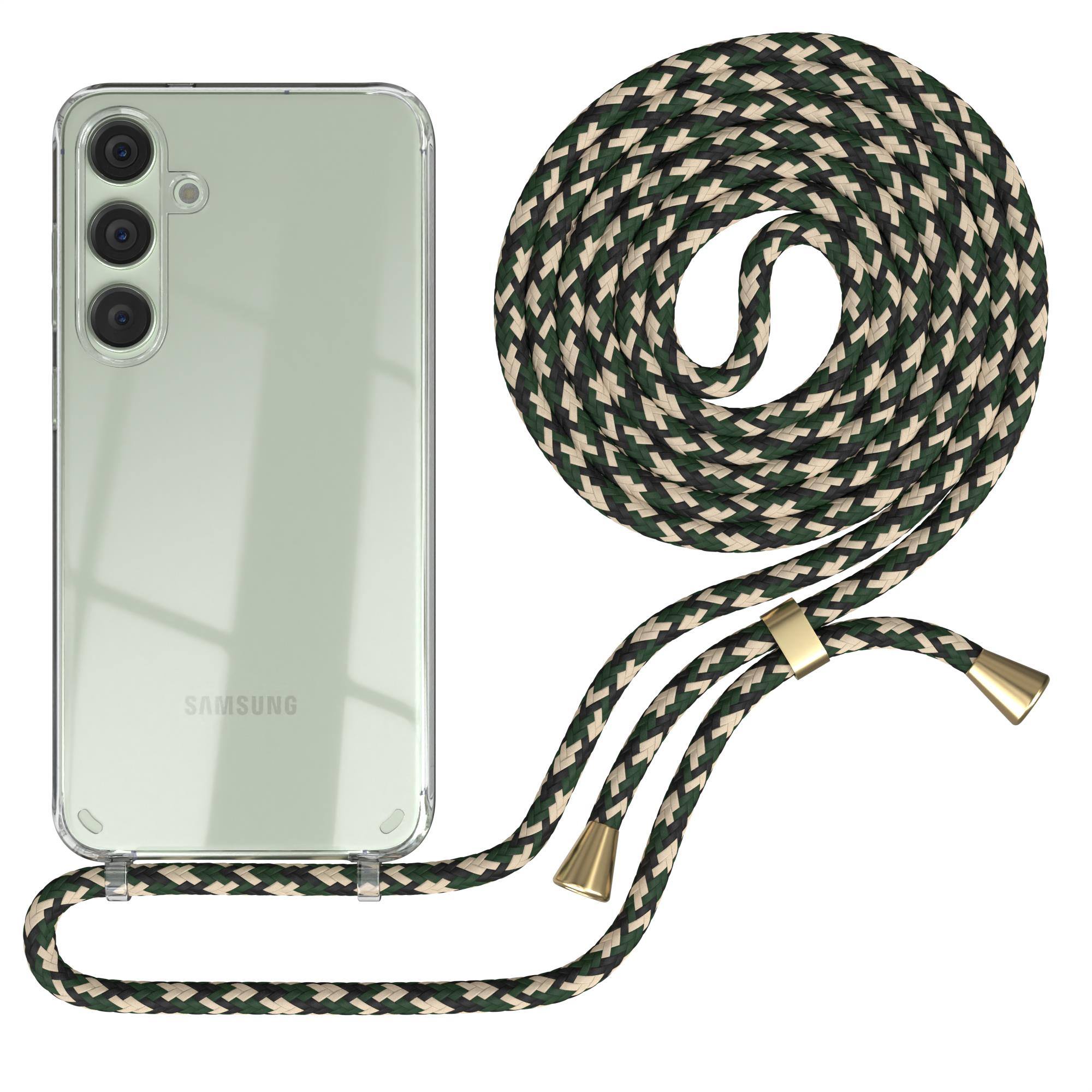 Klare Handyhülle, grüner Riemen. Telefon hat Kameras, weißer Hintergrund.