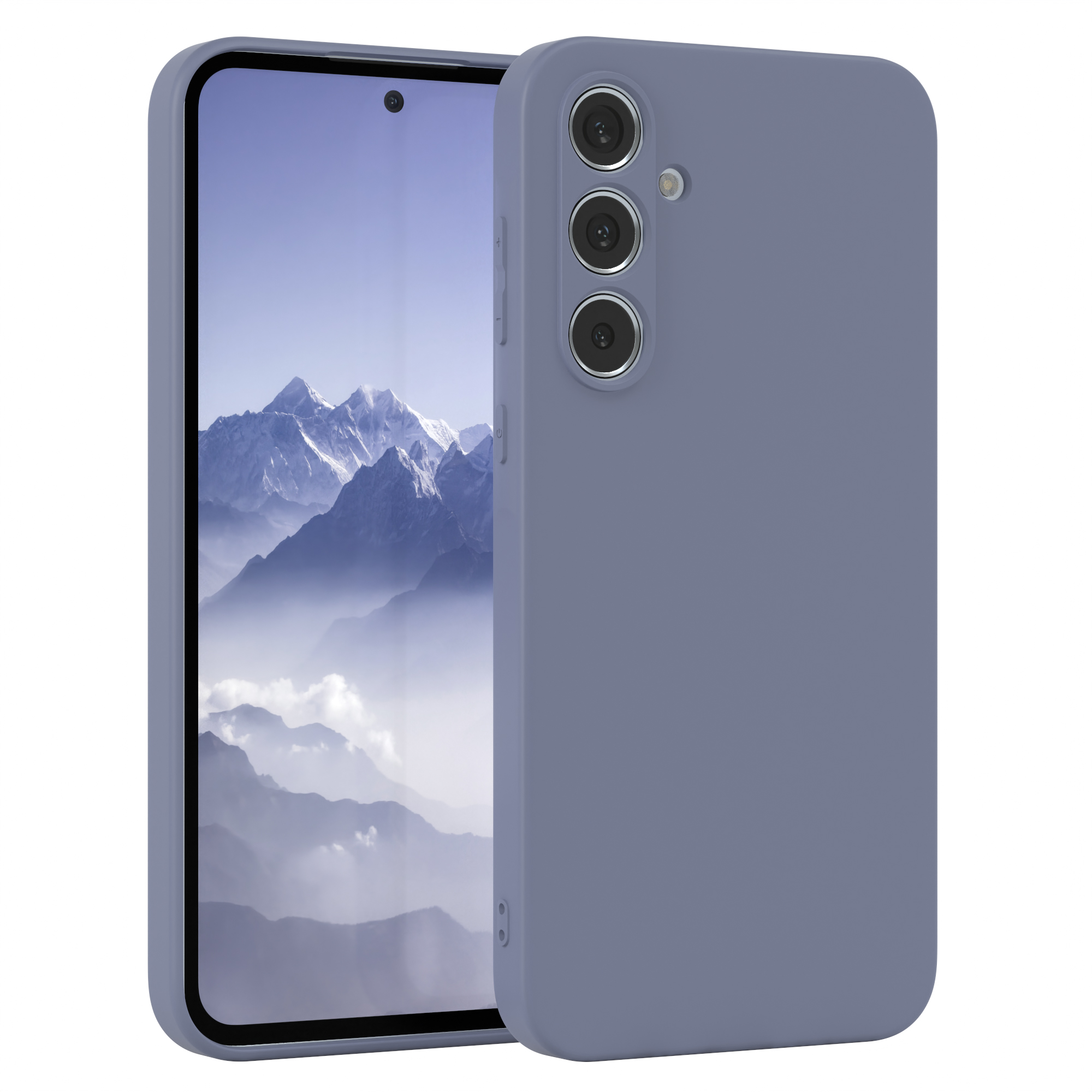 Blaues Telefon mit drei Kameras. Es lehnt an einem anderen blauen Telefon.