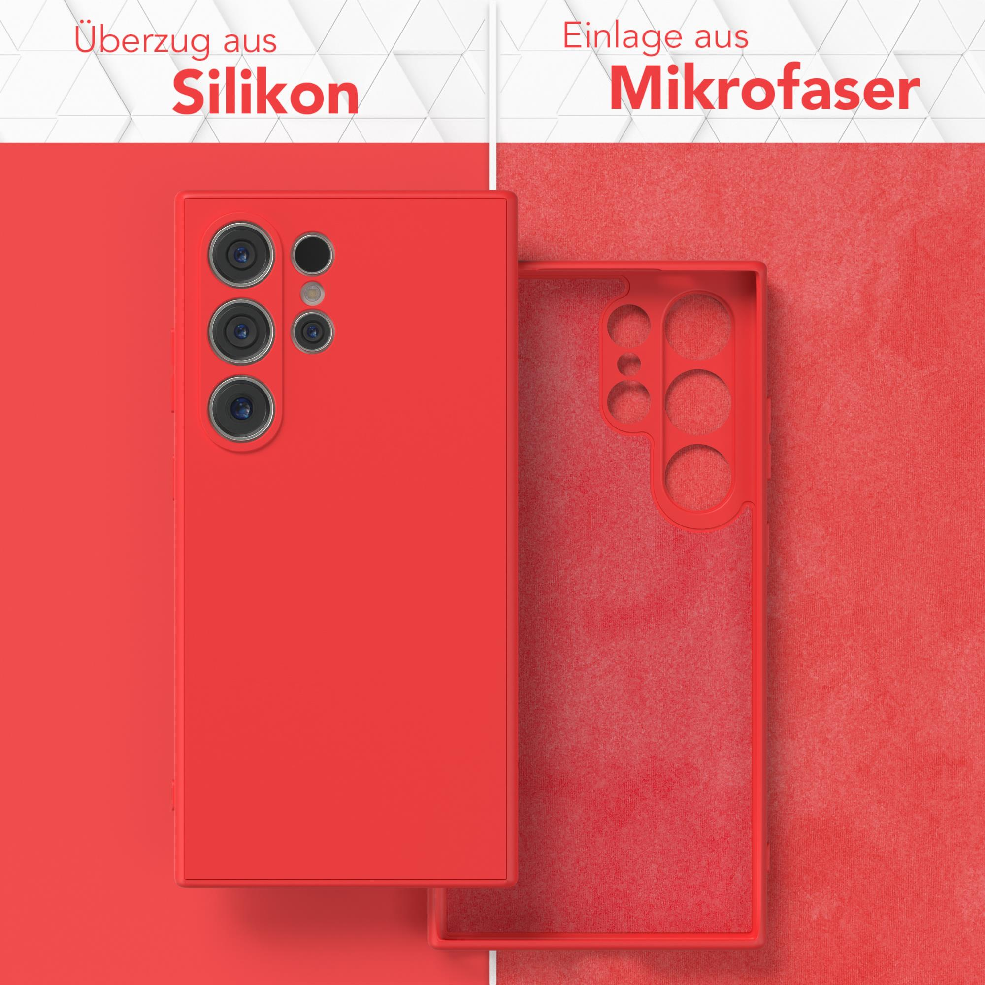 Rote Handyhülle und Telefon, mit roter Mikrofaser-Innenseite.