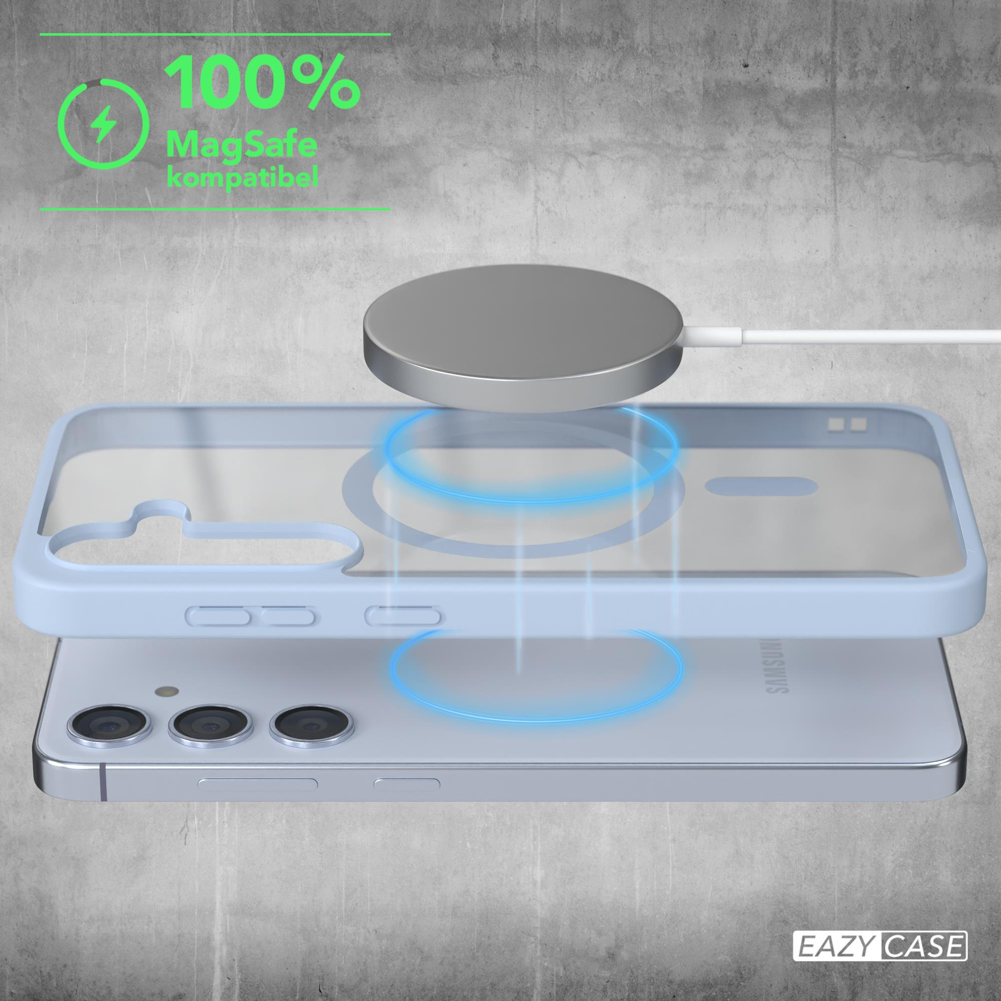 Telefon mit blauem Gehäuse und MagSafe-Aufladung. Das Ladegerät ist angeschlossen und das Telefon liegt.
