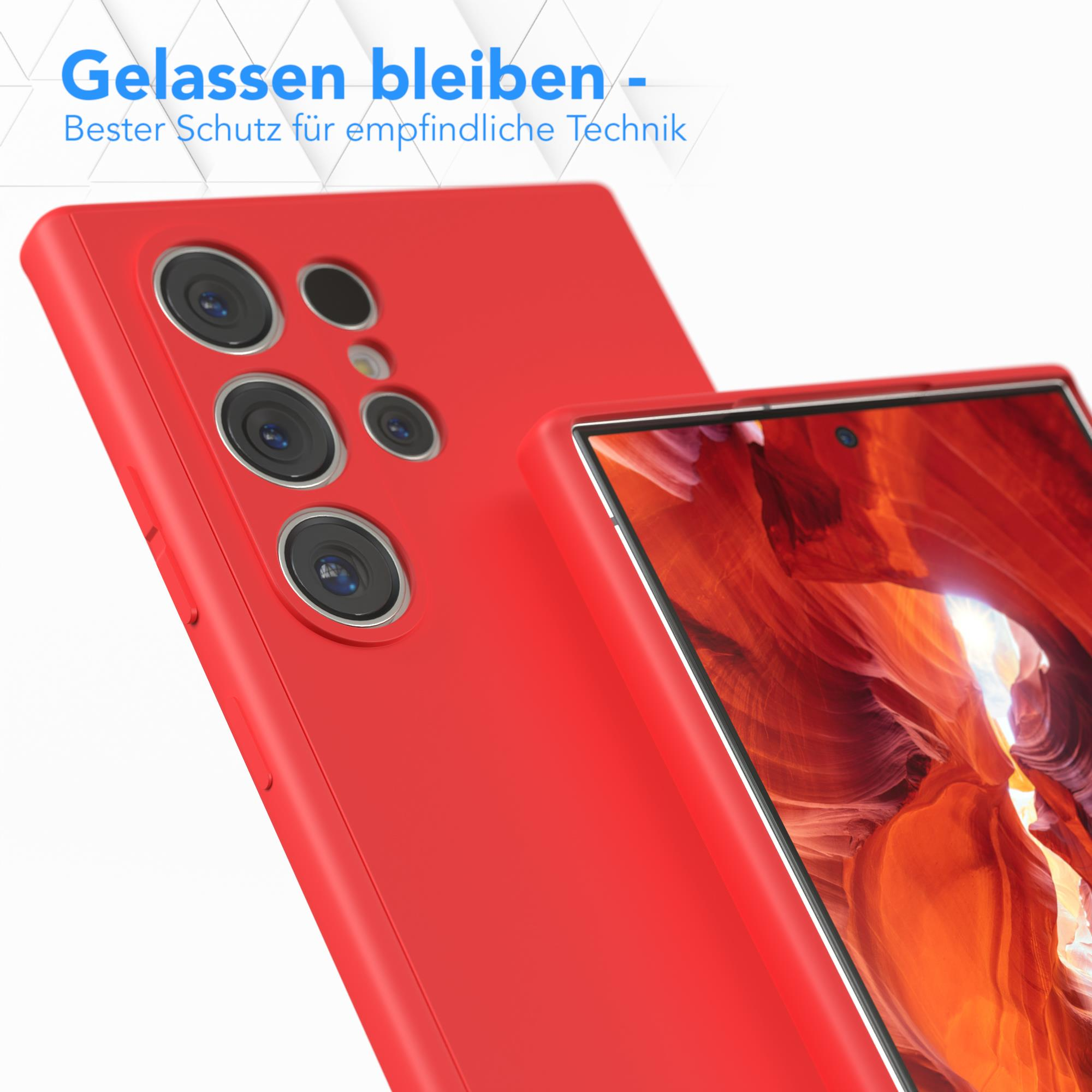Rote Handyhülle und Telefon. Text: Bester Schutz. Kameralinsen sichtbar.