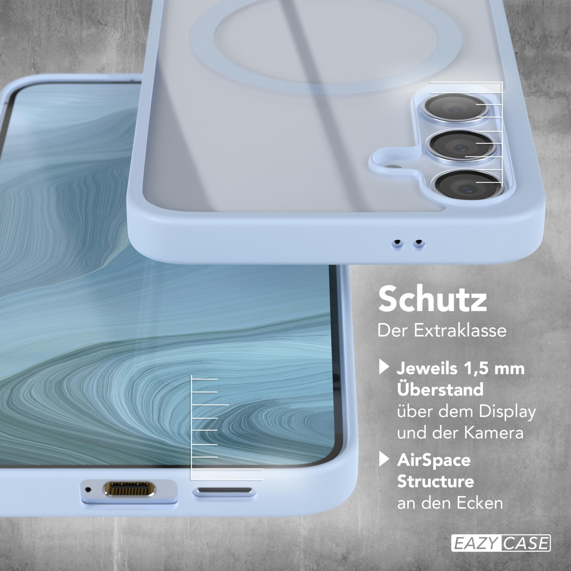 Blaue Handyhülle mit Schutz. Nahaufnahme, die Hülle und das Telefon zeigt. Text: Der Extraklasse, AirSpace-Struktur.