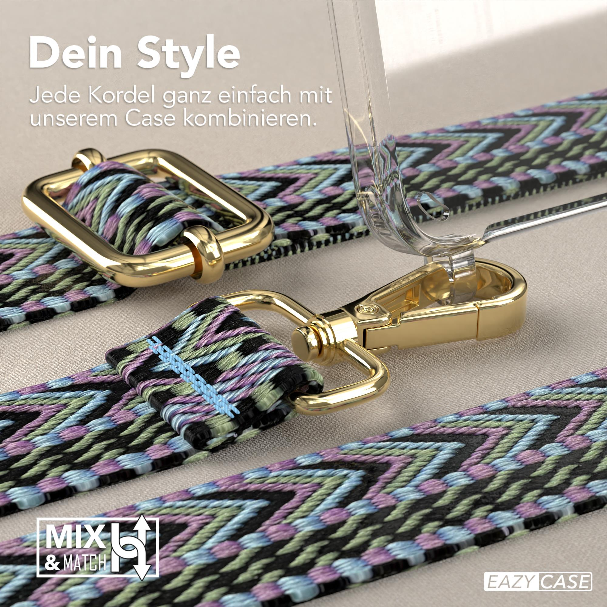 Eine Handyhülle mit einem Riemen. Der Riemen hat ein farbenfrohes Design und ist an der Hülle befestigt.