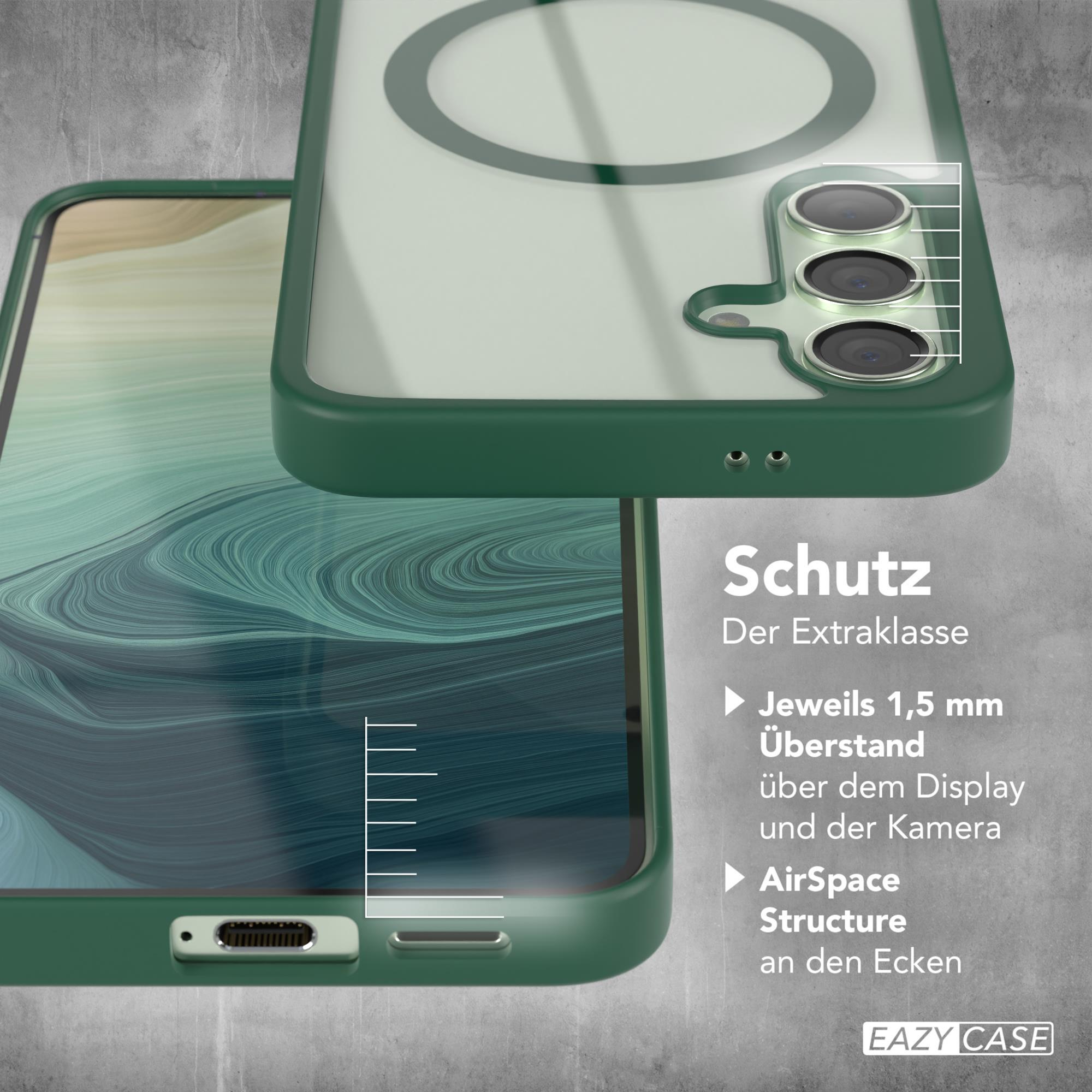 Grüne Handyhülle über einem Telefon. Text auf Deutsch über Schutz ist sichtbar.