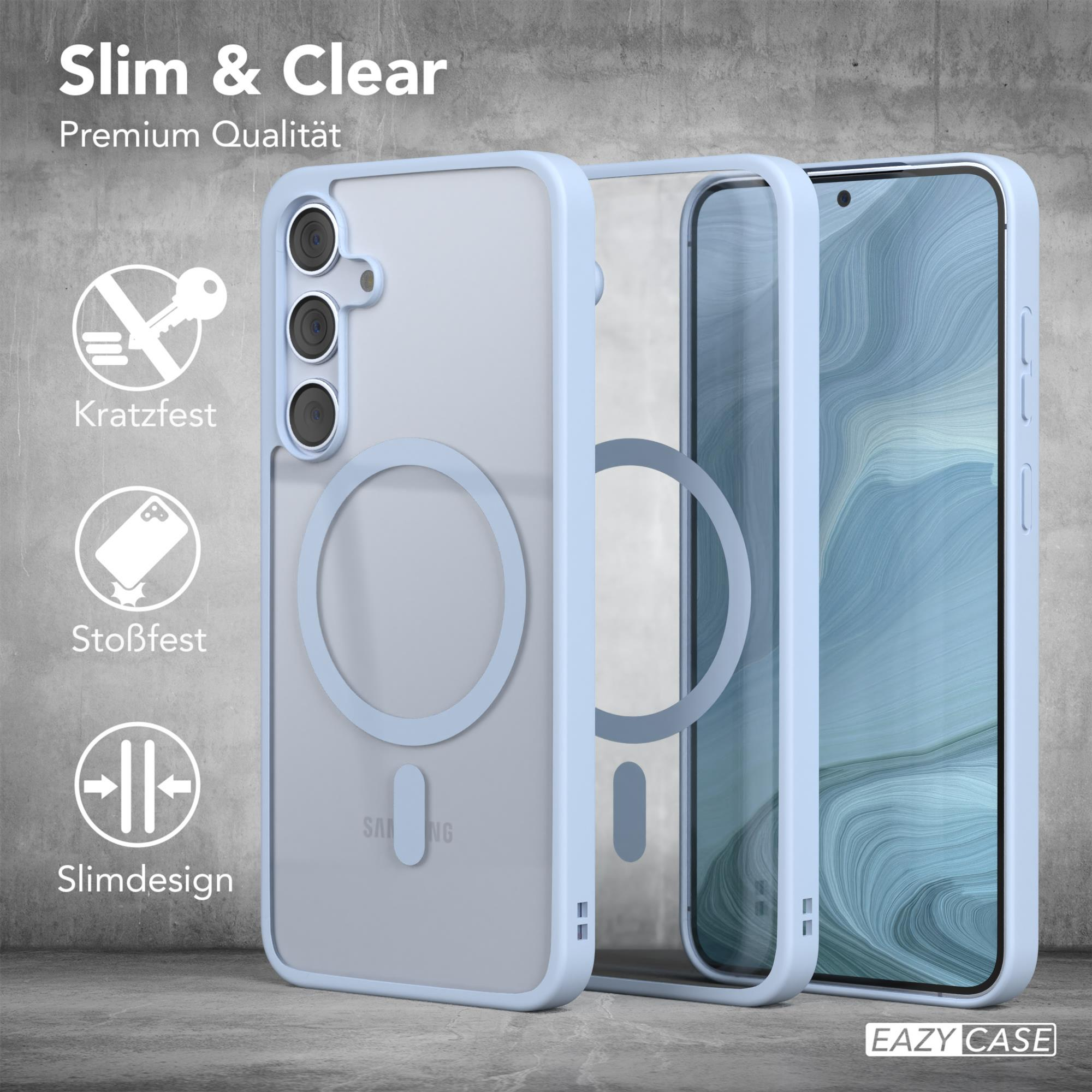 Drei Handyhüllen und ein Telefon auf weißer Oberfläche. Text: Slim & Clear, Kratzfest, Stoßfest und Slimdesign.
