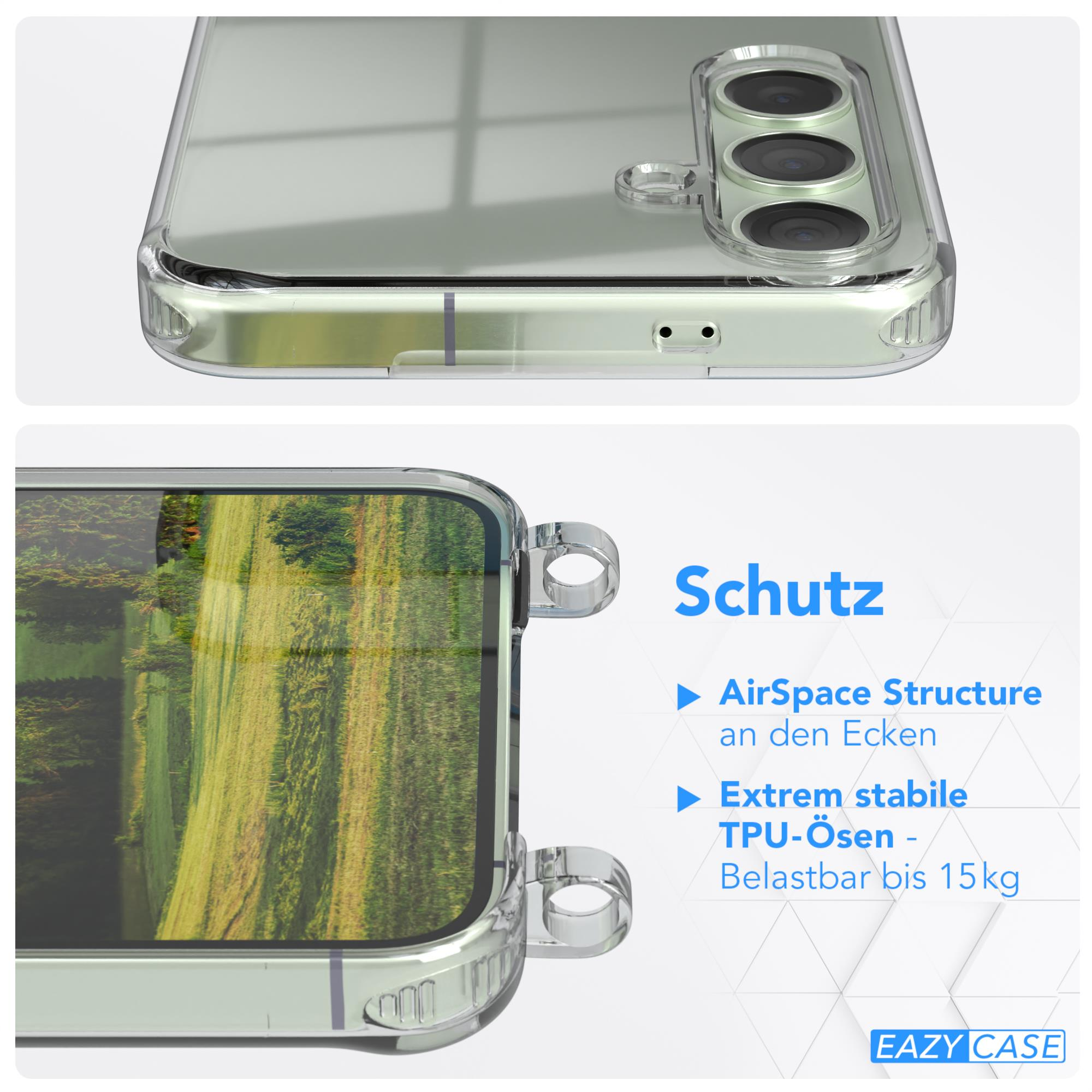 Transparente Handyhülle auf einem Telefon. Text sagt 'Schutz', 'AirSpace Structure' und 'TPU-Ösen'.