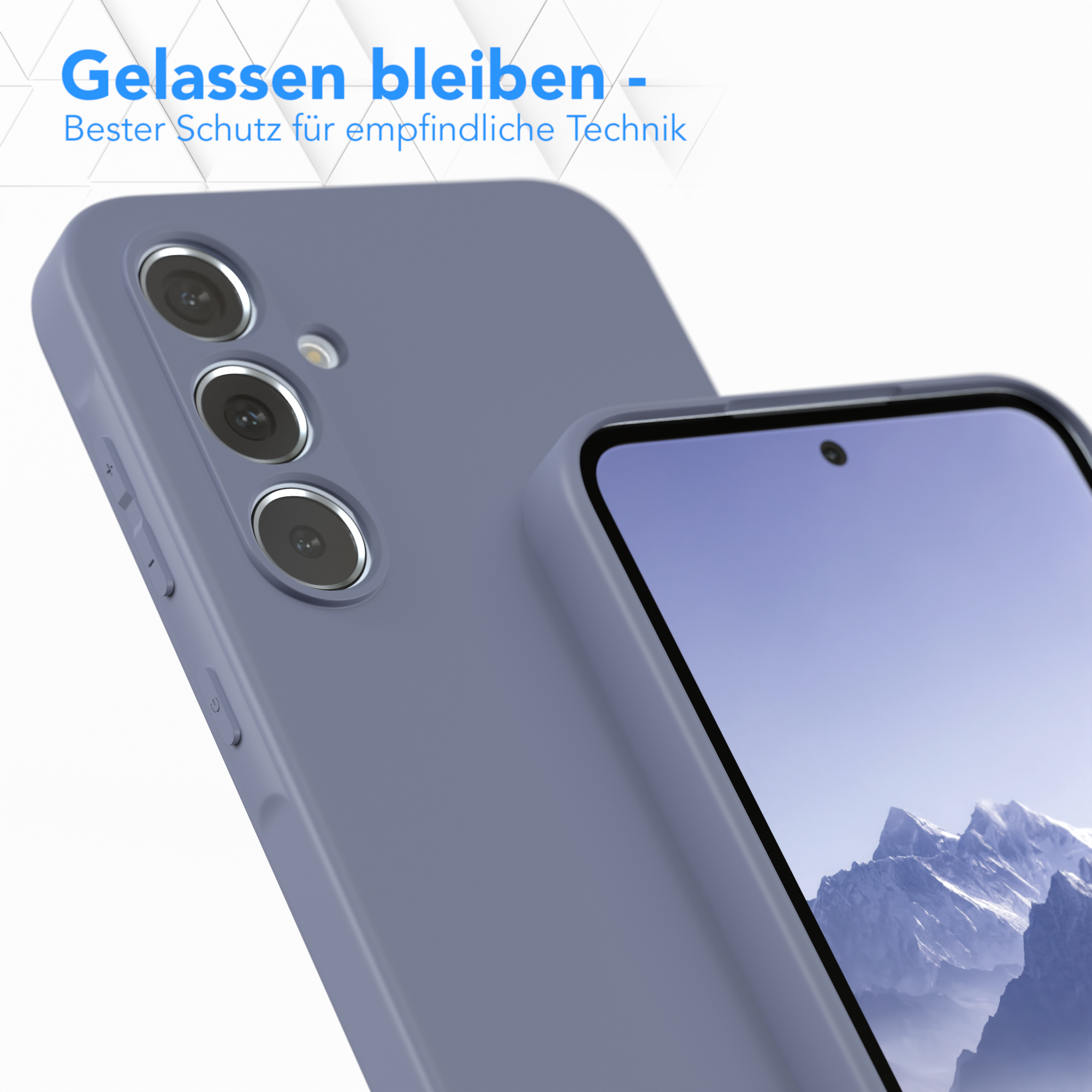 Nahaufnahme einer lila Handyhülle und eines Telefons. Der Telefonbildschirm zeigt ein Berg- und Himmelsbild.