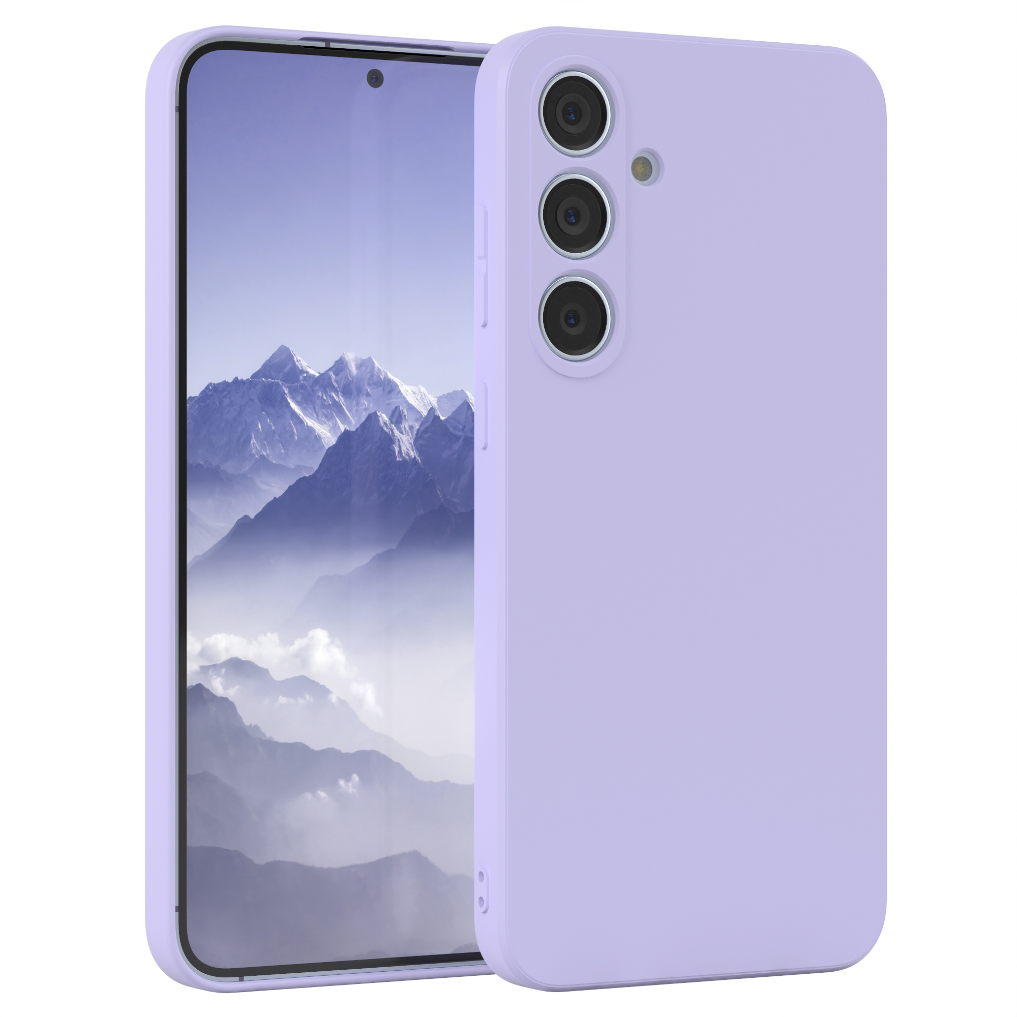 Eine lila Telefonhülle mit einem Telefon darin. Telefon hat drei Kameras.