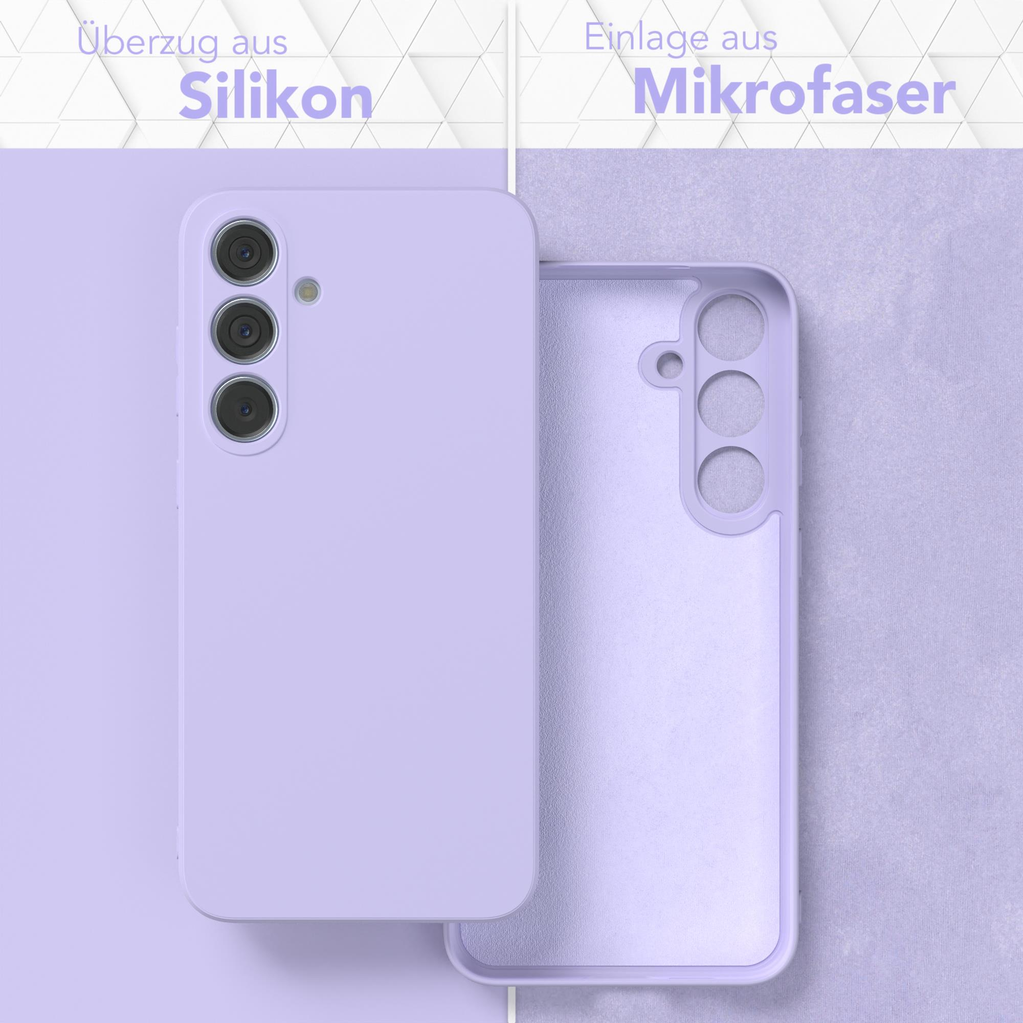 Lila Handyhülle mit Silikonhülle und Mikrofaser-Innenausstattung, geöffnet.