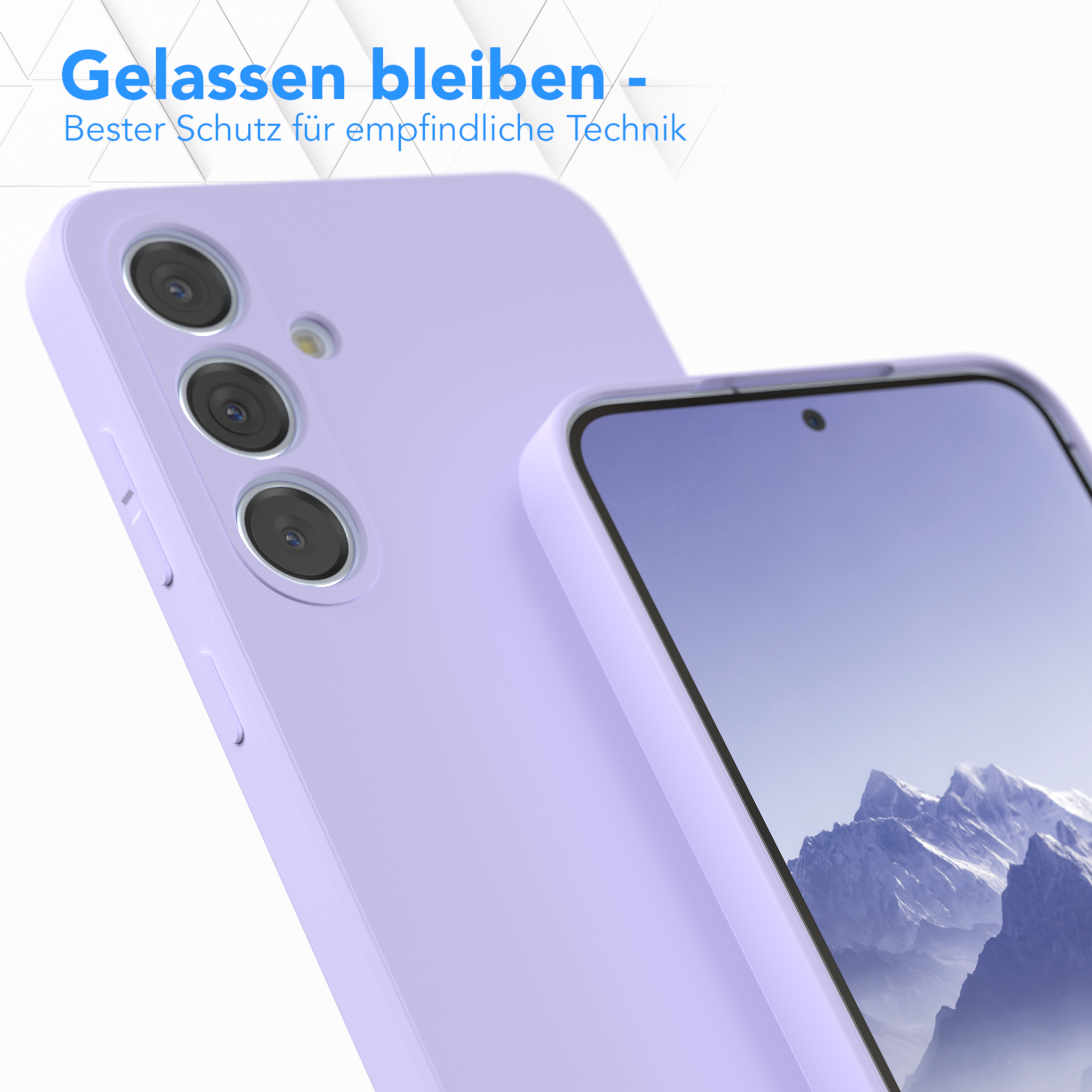 Eine lavendelfarbene Handyhülle mit sichtbarem Telefonbildschirm, Nahaufnahme der Kamera.