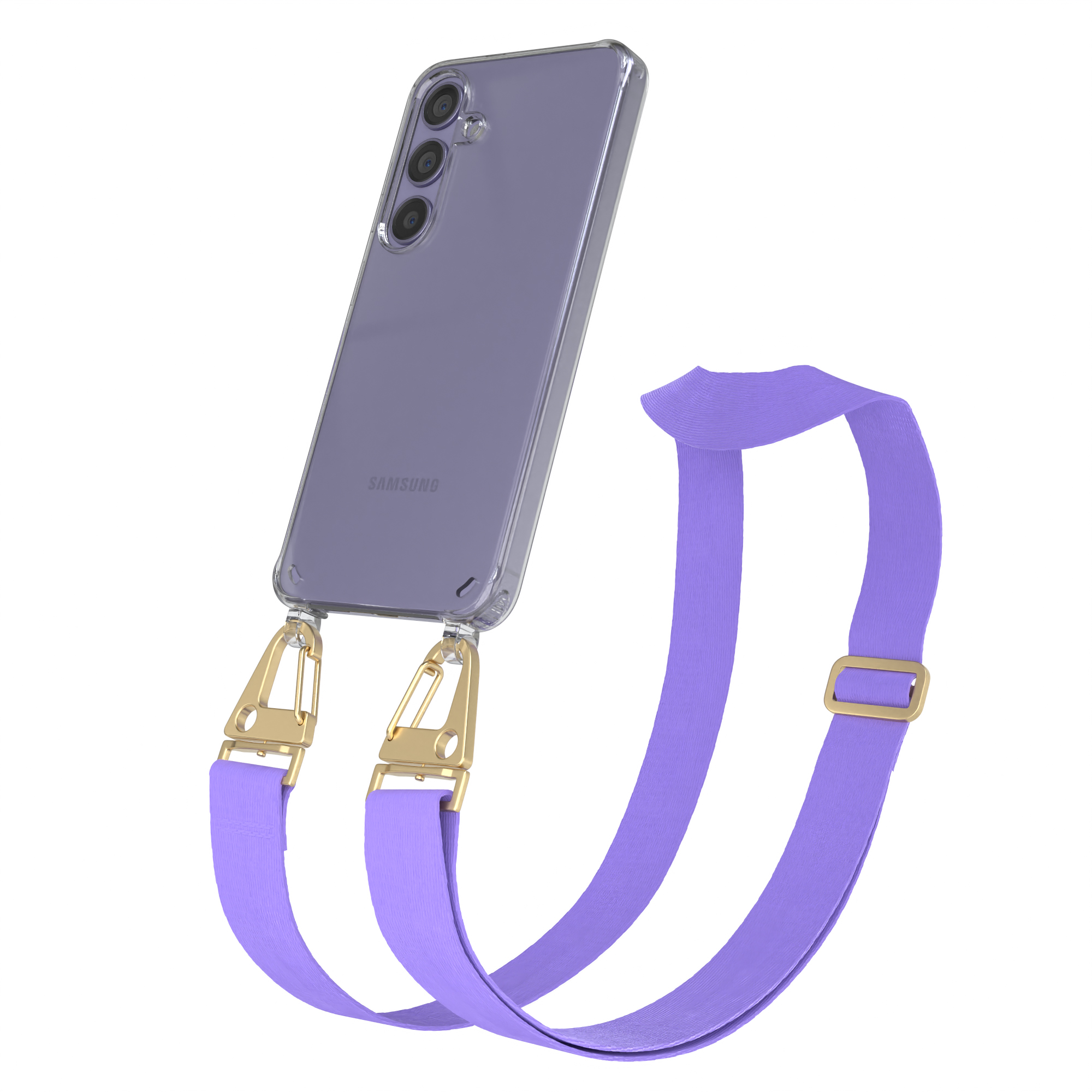 Telefon in transparenter Hülle mit lila Riemen und goldenen Akzenten.