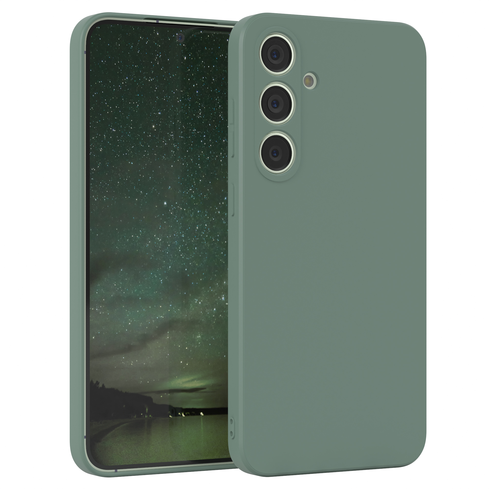 Grüne Handyhülle auf einem Telefon. Der Hintergrund zeigt Bäume.