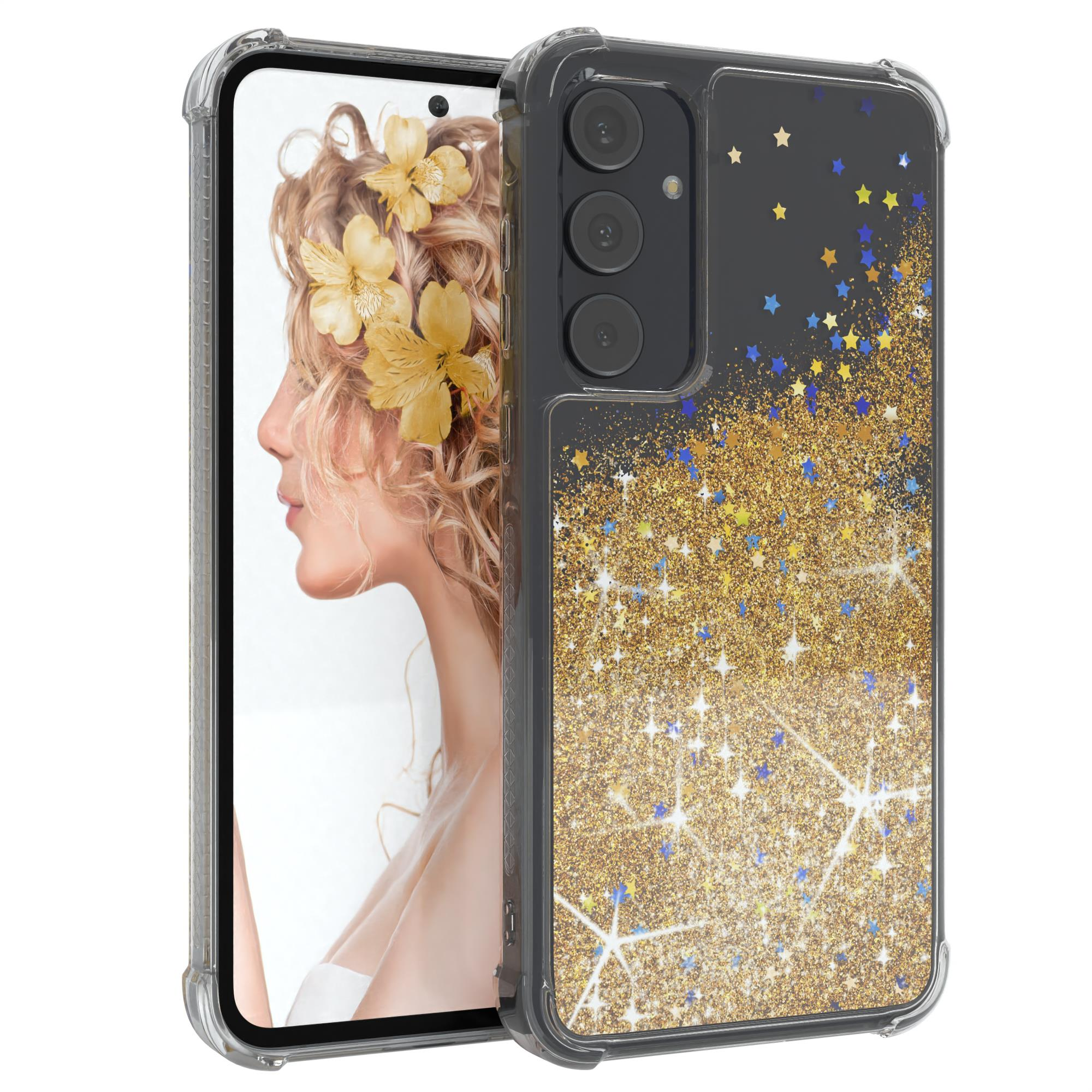 Handyhülle mit Glitzer. Frau mit Blumen im Haar. Weißer Hintergrund.