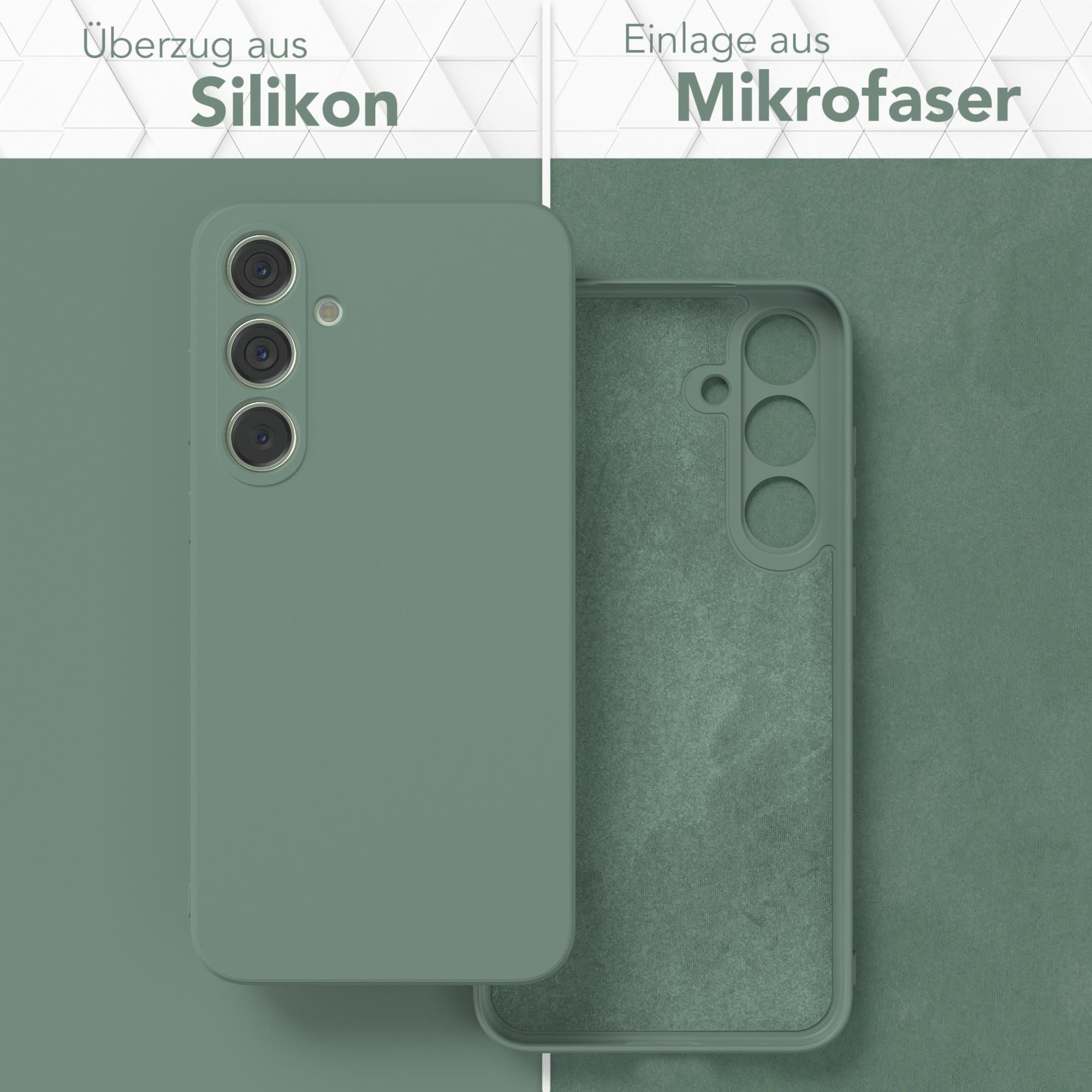 Zwei Handyhüllen, außen grünes Silikon und innen Mikrofaser. Eine ist geöffnet und zeigt Innendetails.