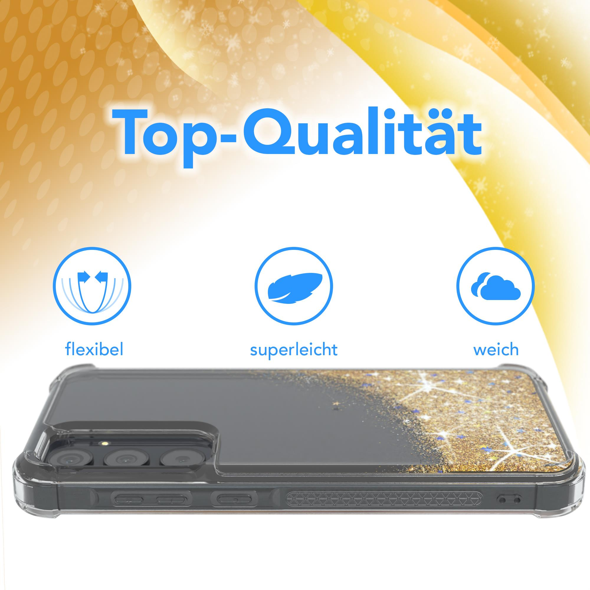 Eine Handyhülle mit Glitzerdesign und schwarzem Rahmen. Drei Symbole und die Worte Top-Qualität werden gezeigt.