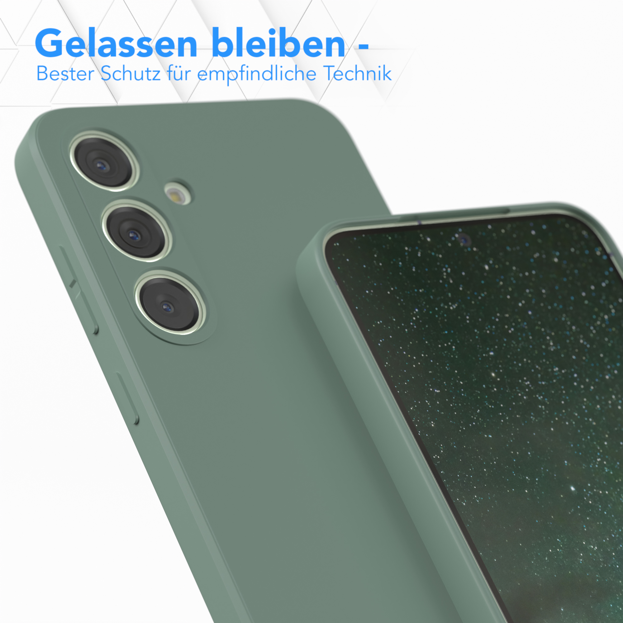 Grünes Telefon und Hülle. Das Telefon hat drei Kameras. Der Text oben lautet: „Gelassen bleiben – Bester Schutz für empfindliche Technik“.