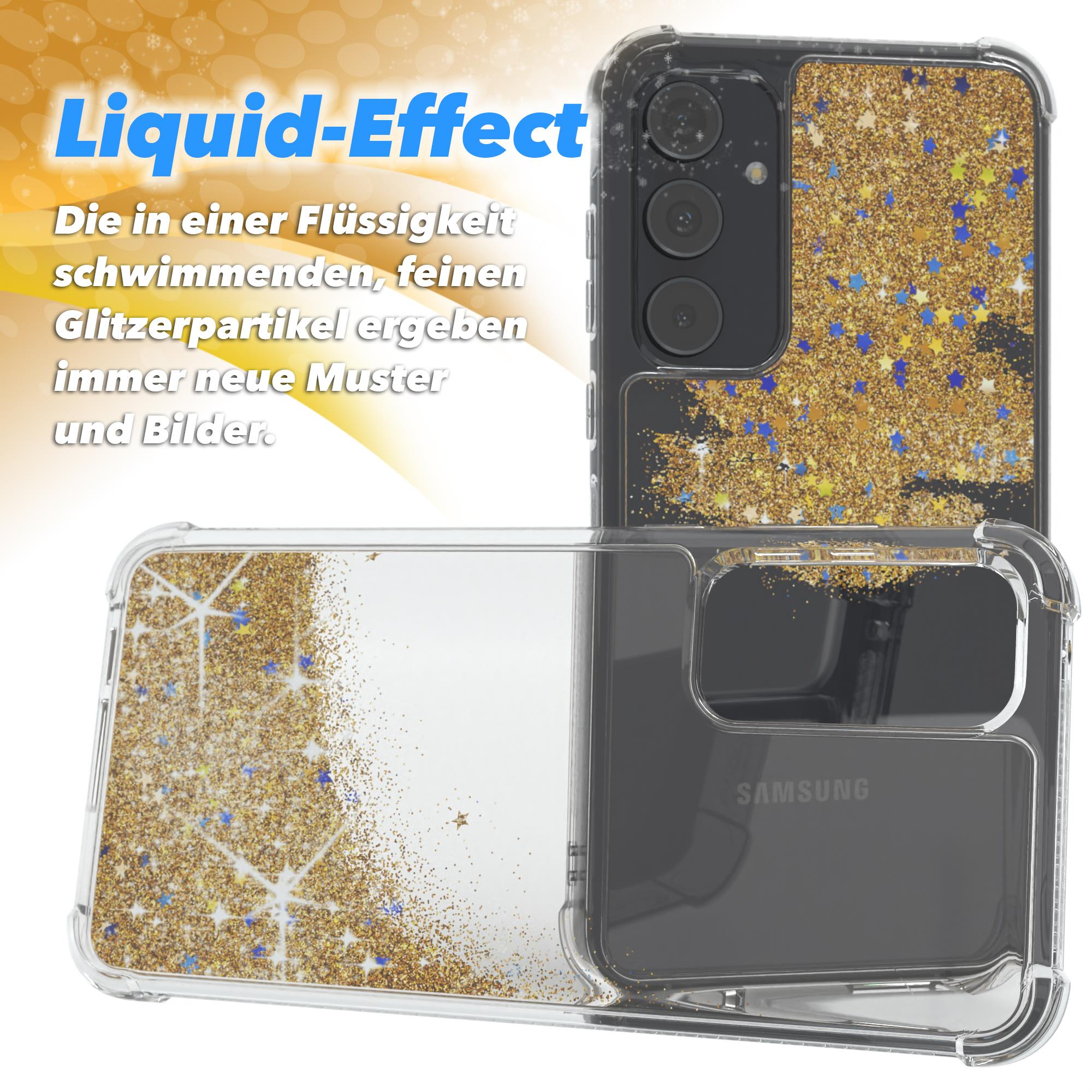 Transparente Handyhülle mit Glitzer und einem Handy darin. Text auf der Hülle. Der Glitzer fließt.