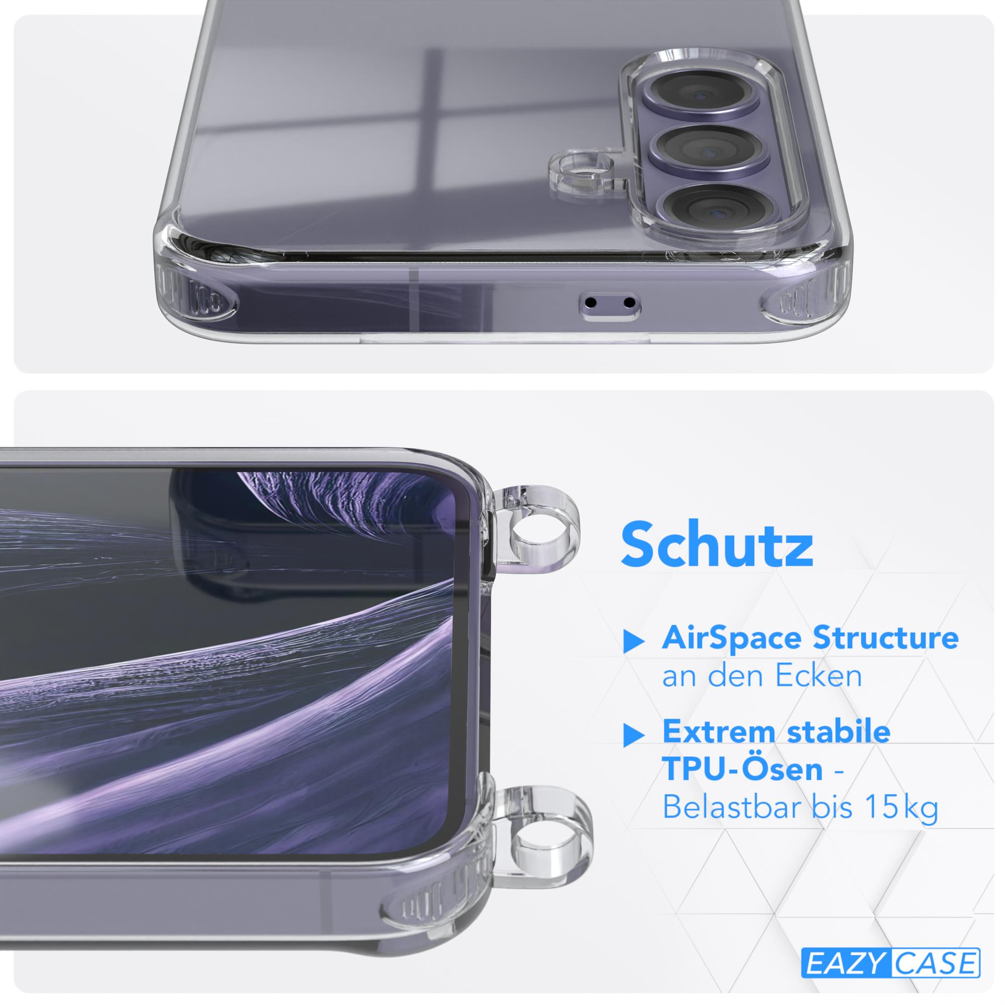 Nahaufnahme einer transparenten Handyhülle. Text: 'Schutz', 'AirSpace Structure', 'Extrem stabile TPU-Ösen'.