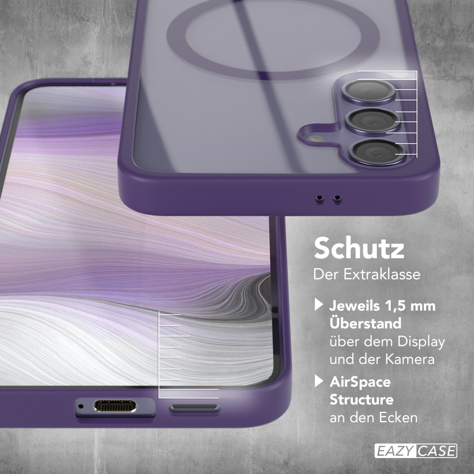 Lila Handyhülle, Nahaufnahme. Hintergrund: Textüberlagerungen, Produktmerkmale.