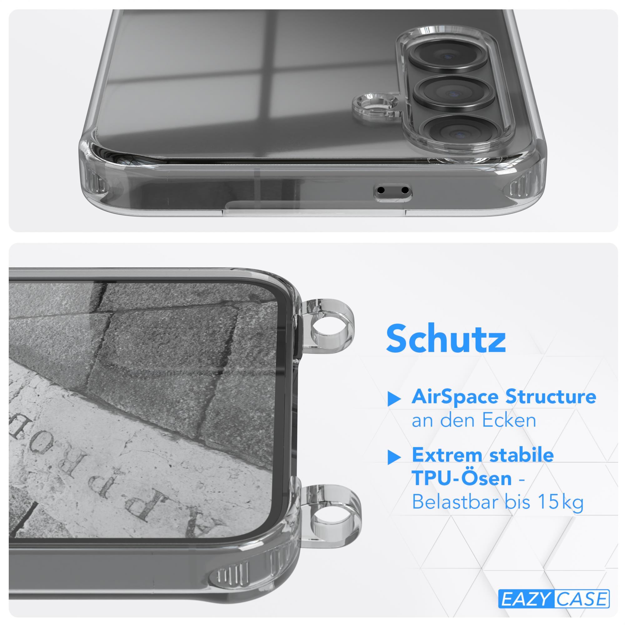 Transparente Handyhülle mit zwei Teilen. Sie hat AirSpace-Struktur und besteht aus TPU. Text weist auf Schutz hin.