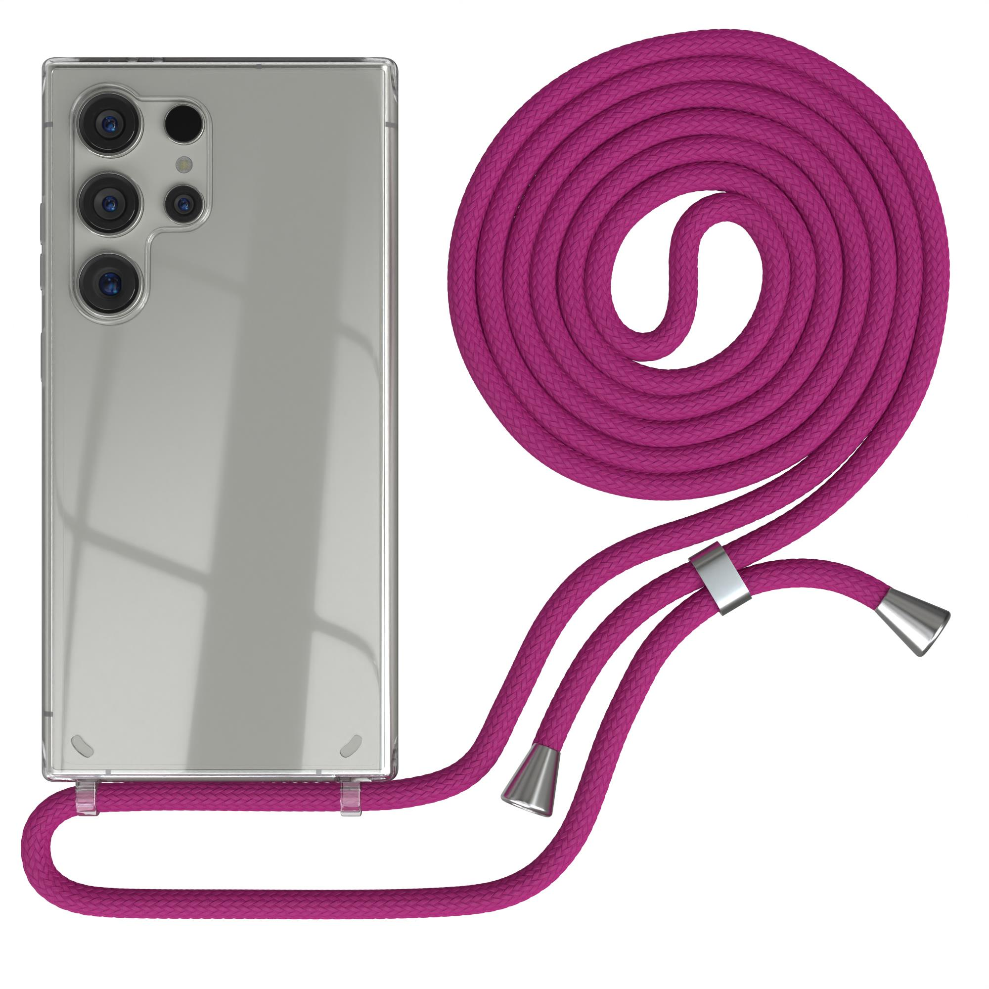 Transparente Handyhülle mit pinkfarbenem Seilriemen.
