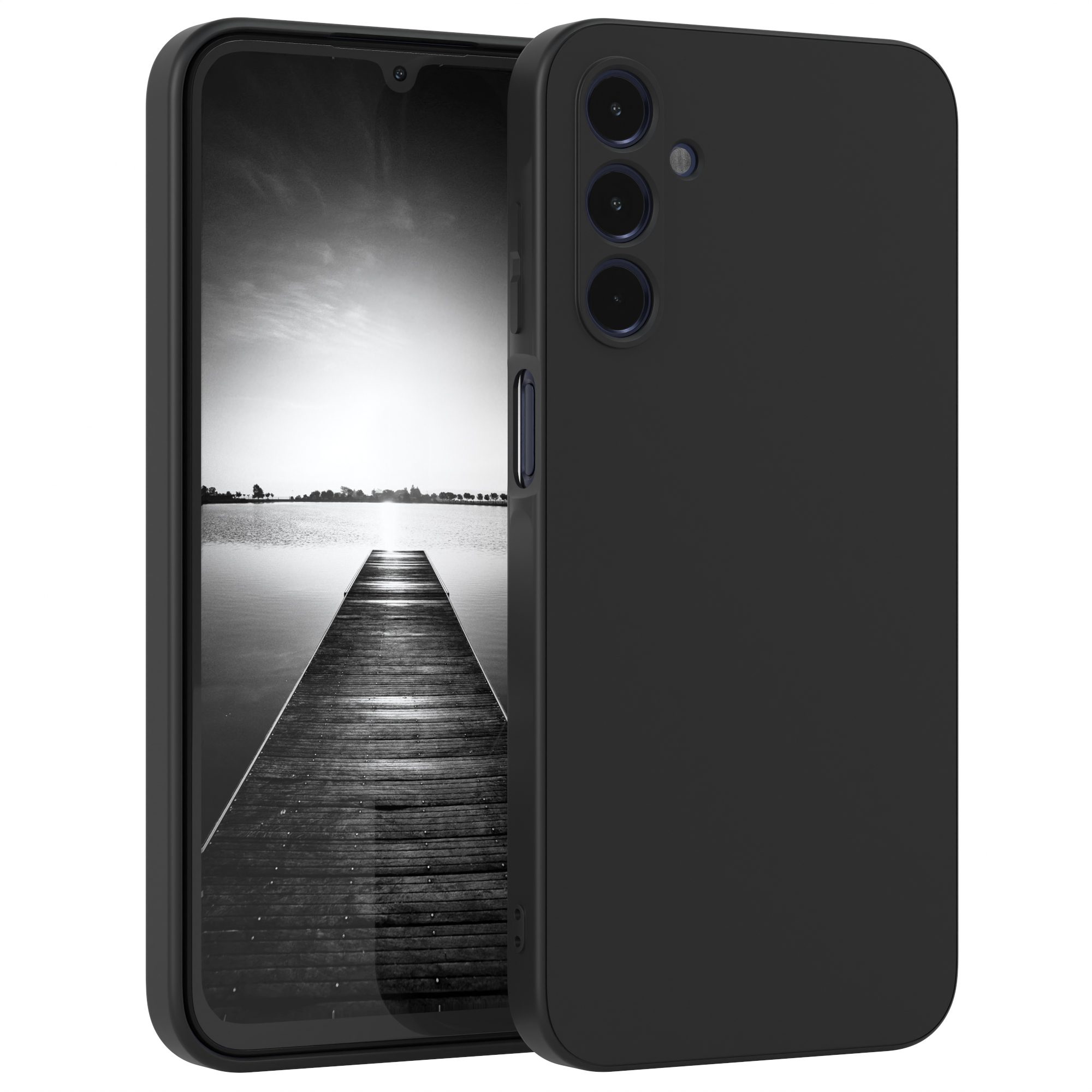 Schwarzes Telefon in einer schwarzen Hülle, vor einem Hintergrund mit Graustufen-Dock.